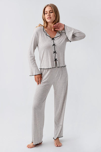 Long Sleeve Ribbon Bow Detailed Flexible Viscose Pajama Set 18208