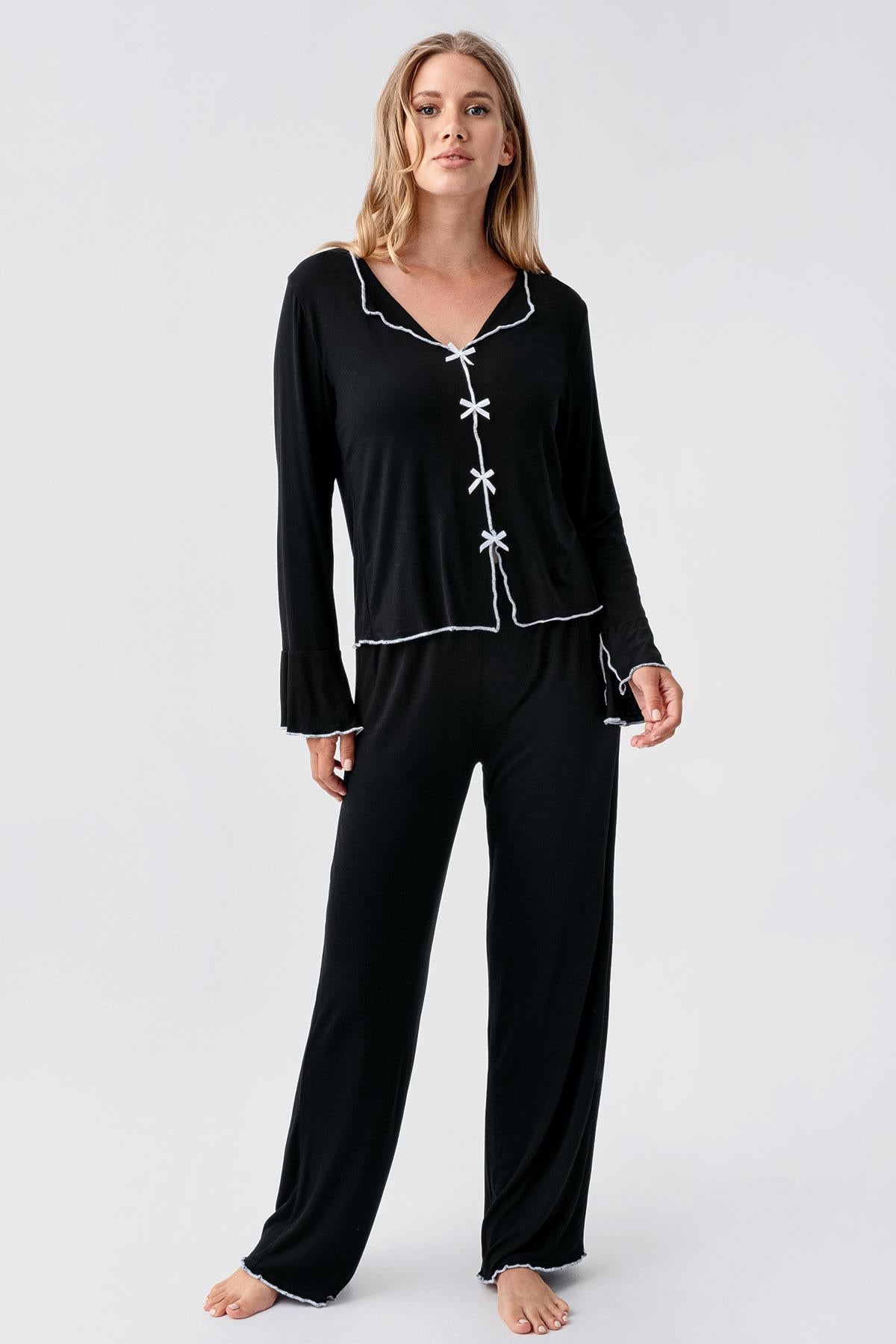 Long Sleeve Ribbon Bow Detailed Flexible Viscose Pajama Set 18208