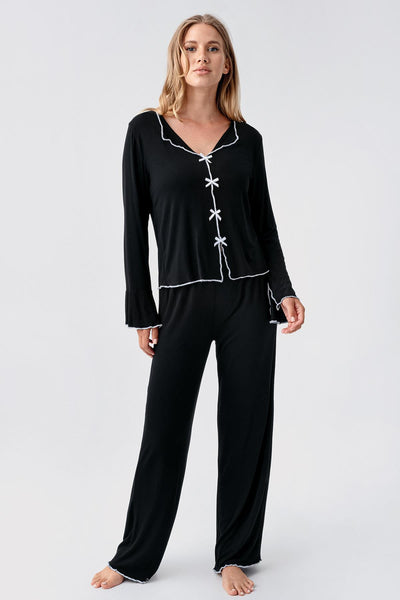 Long Sleeve Ribbon Bow Detailed Flexible Viscose Pajama Set 18208