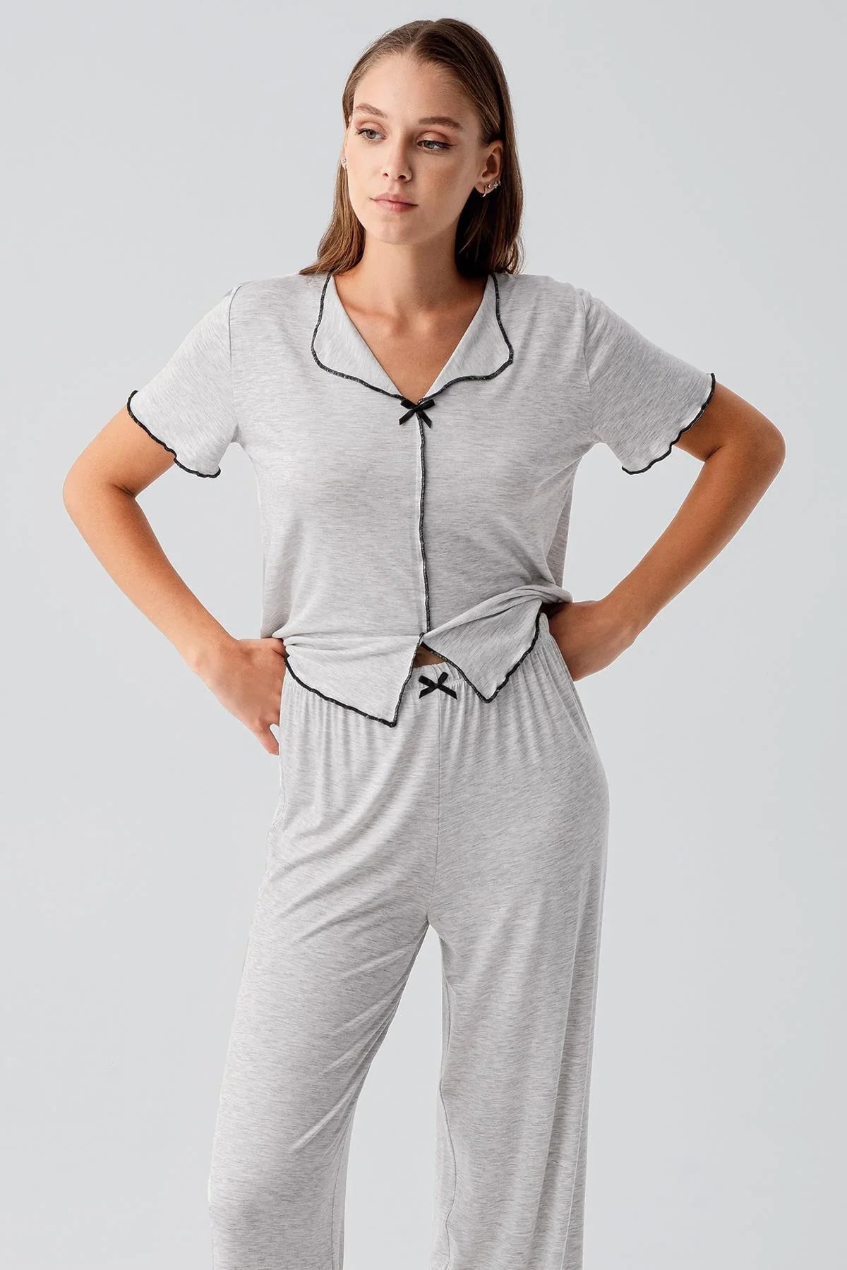 Kısa Kollu Fiyonklu Esnek Viskoz Pijama Takım 19214 - Artış Collection