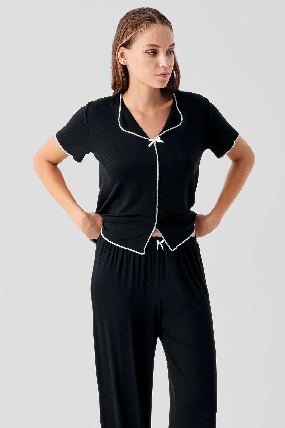 Kısa Kollu Fiyonklu Esnek Viskoz Pijama Takım 19214 - Artış Collection