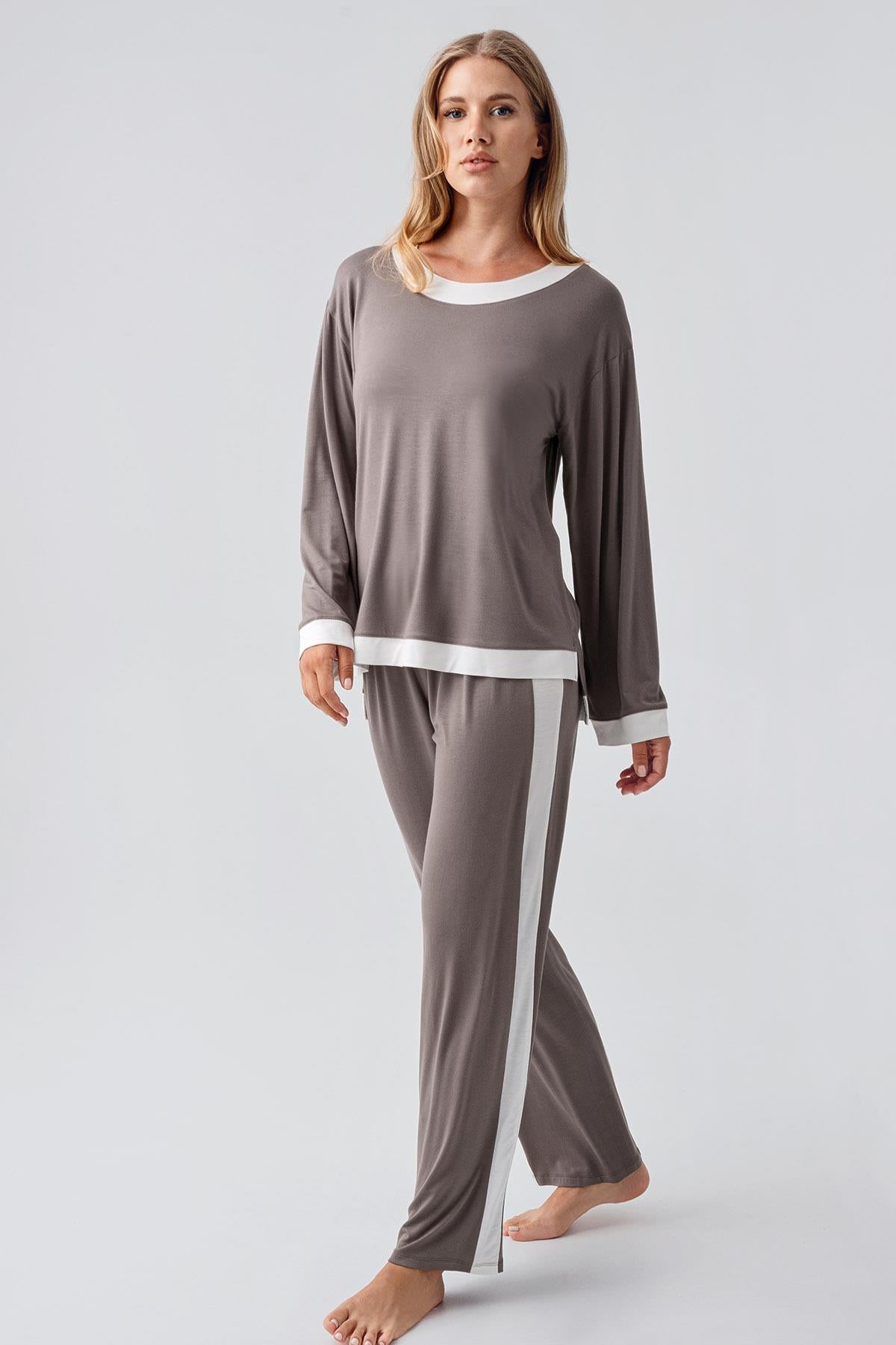 Long Sleeve Basic Flexible Viscose Pajama Set 18209