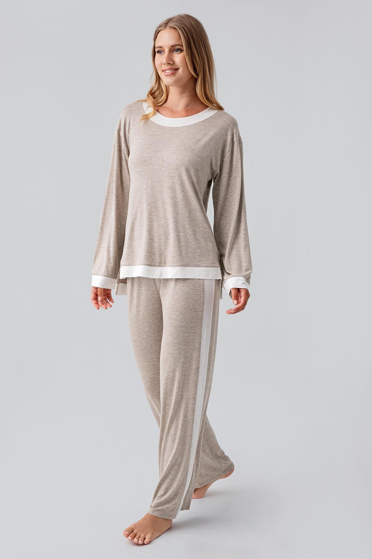 Long Sleeve Basic Flexible Viscose Pajama Set 18209