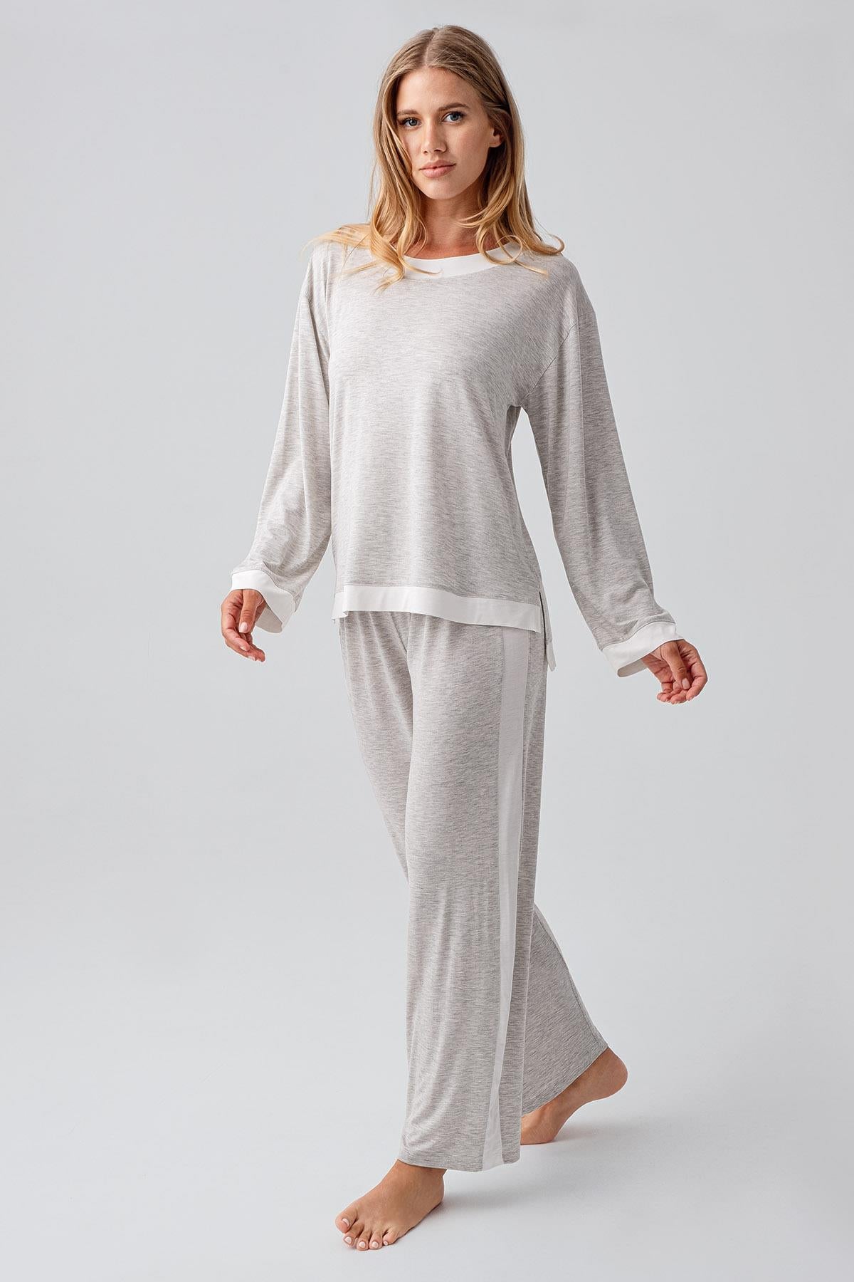 Long Sleeve Basic Flexible Viscose Pajama Set 18209