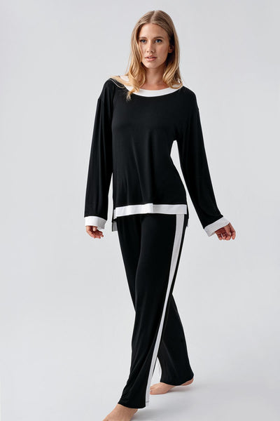 Long Sleeve Basic Flexible Viscose Pajama Set 18209
