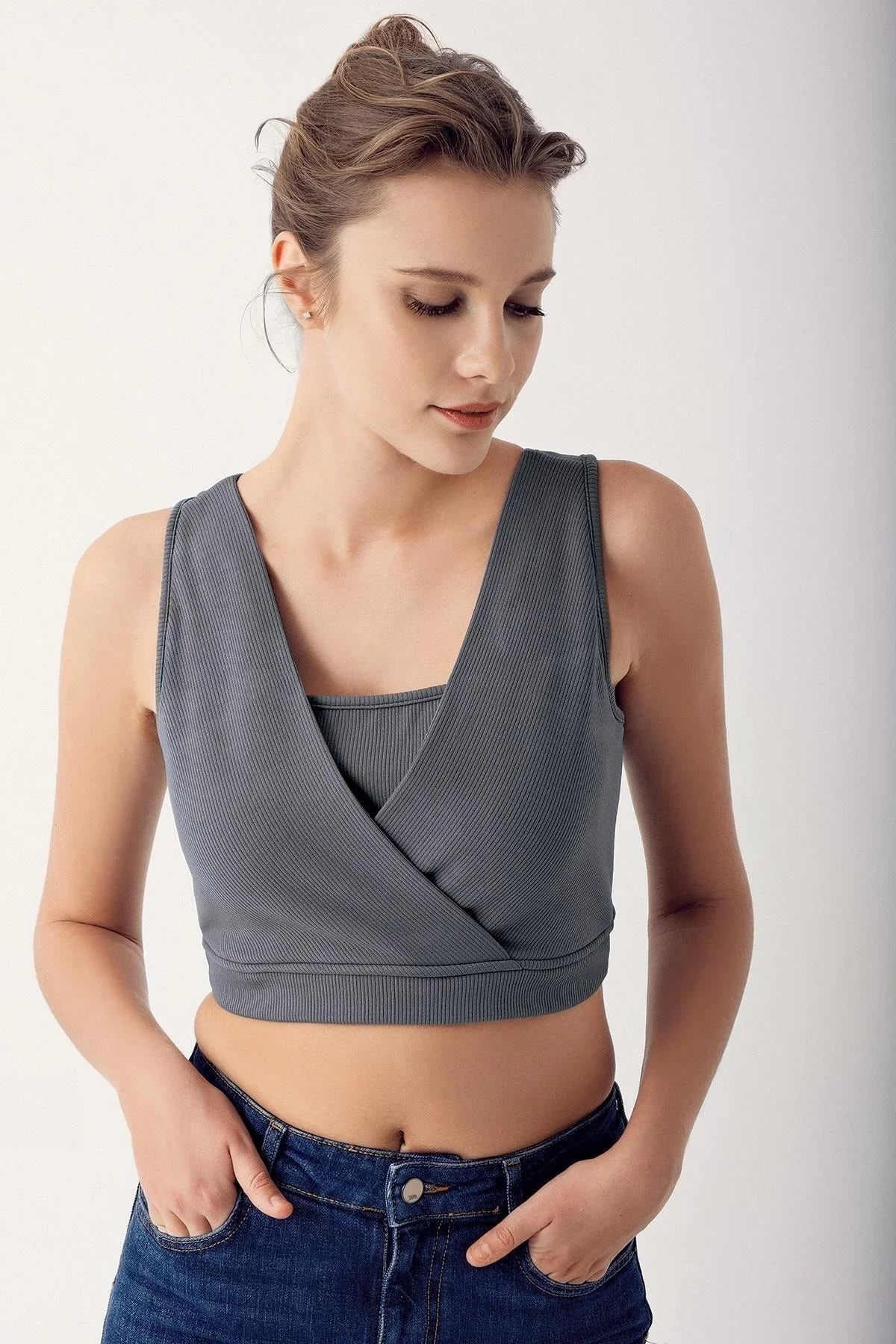 Pregnant Women Strappy Crop Top Ribbed Sports Bustier C03