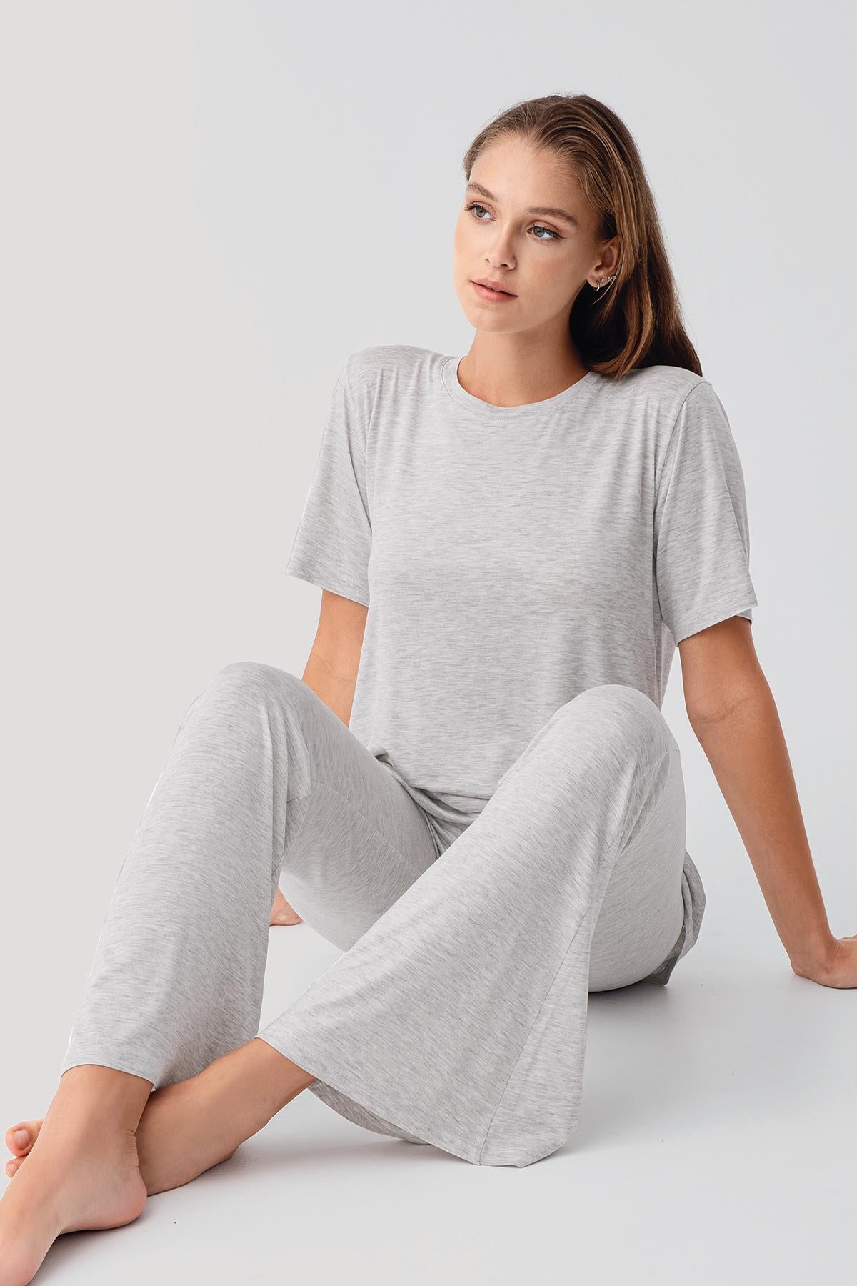 Kısa Kollu Basic İspanyol Paça Esnek Viskoz Pijama Takım 19213 - Artış Collection