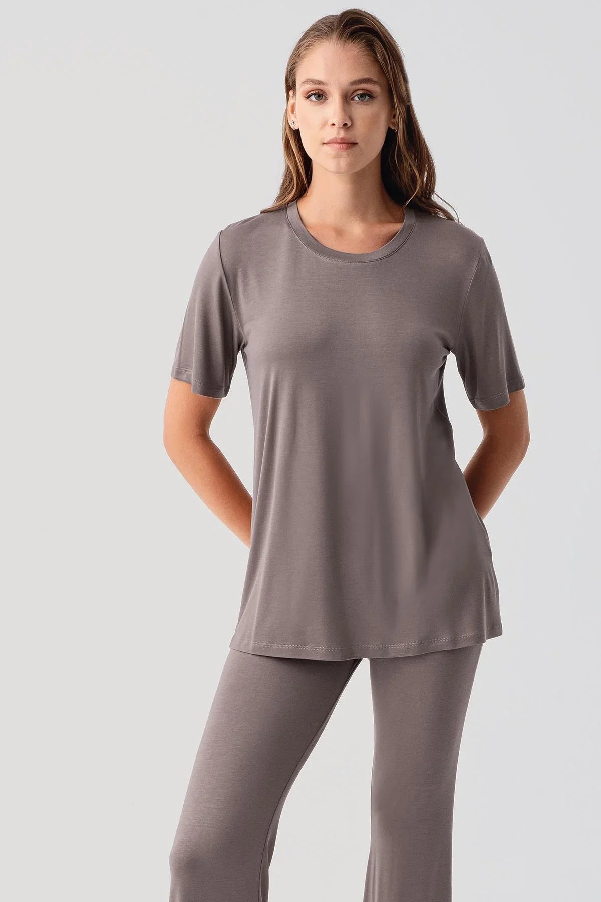 Short-Sleeved Basic Flared Stretch Viscose Pajama Set 19213