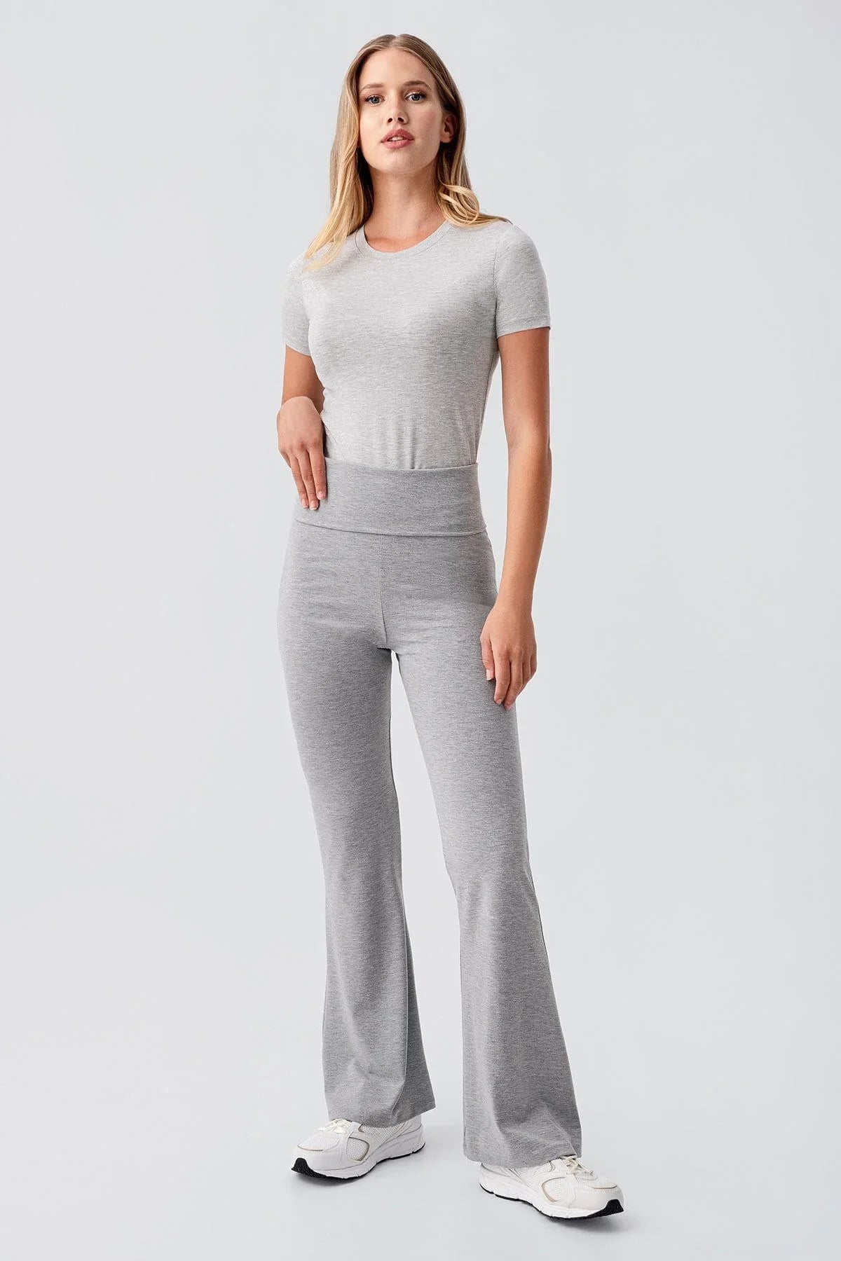 Flare Leg Fold-over Waist Jersey Flexible Viscose Flared Trousers VTP0