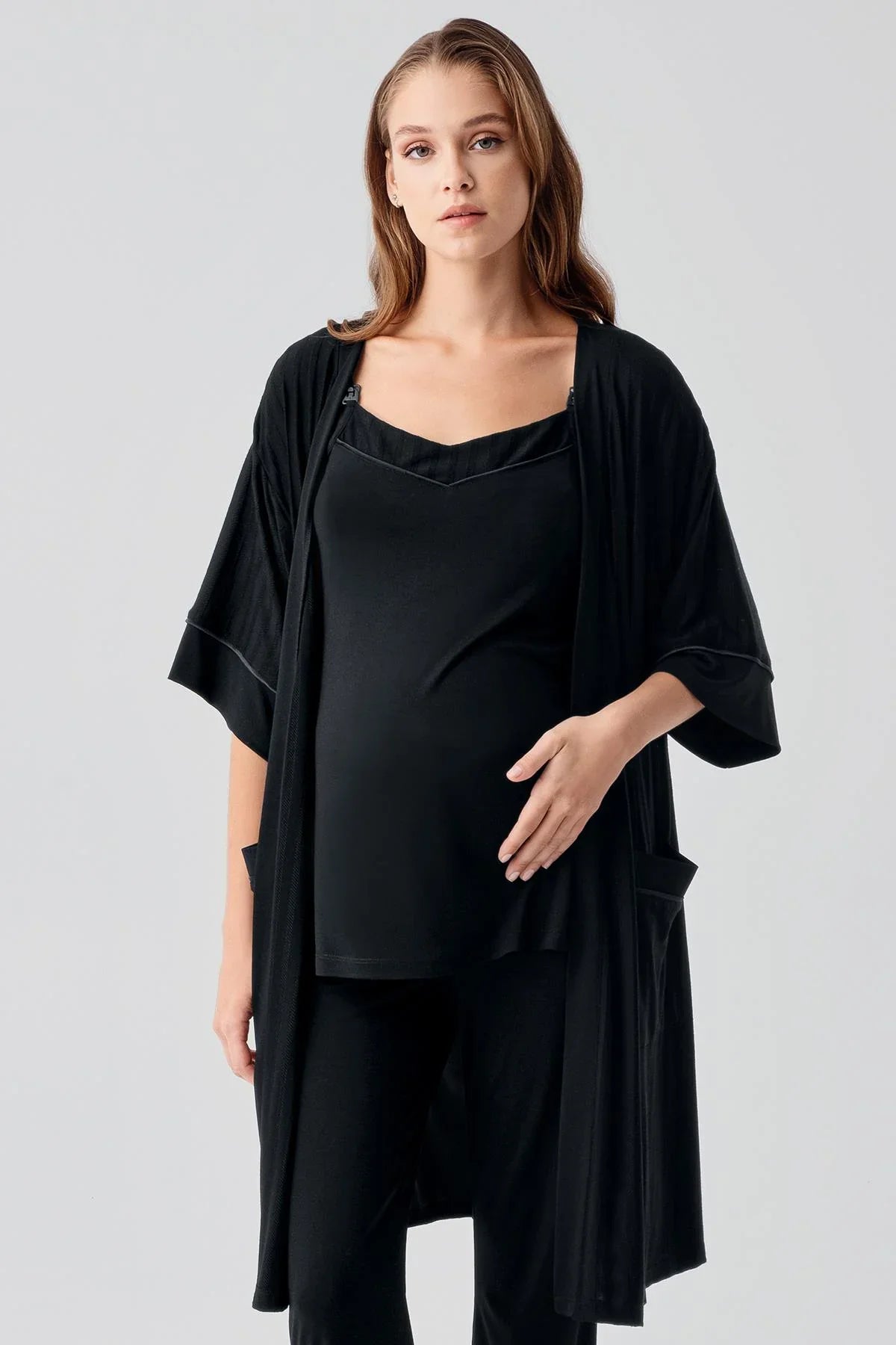 Strappy Flexible Viscose Maternity Nightgown and Pajama Set 19307