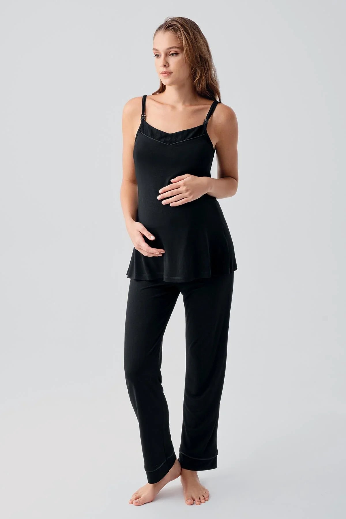 Strappy Flexible Viscose Maternity Nightgown and Pajama Set 19307