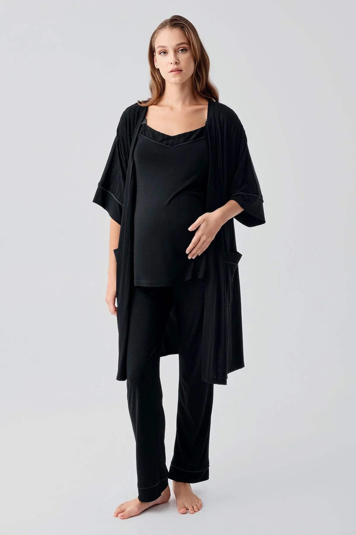 Strappy Flexible Viscose Maternity Nightgown and Pajama Set 19307