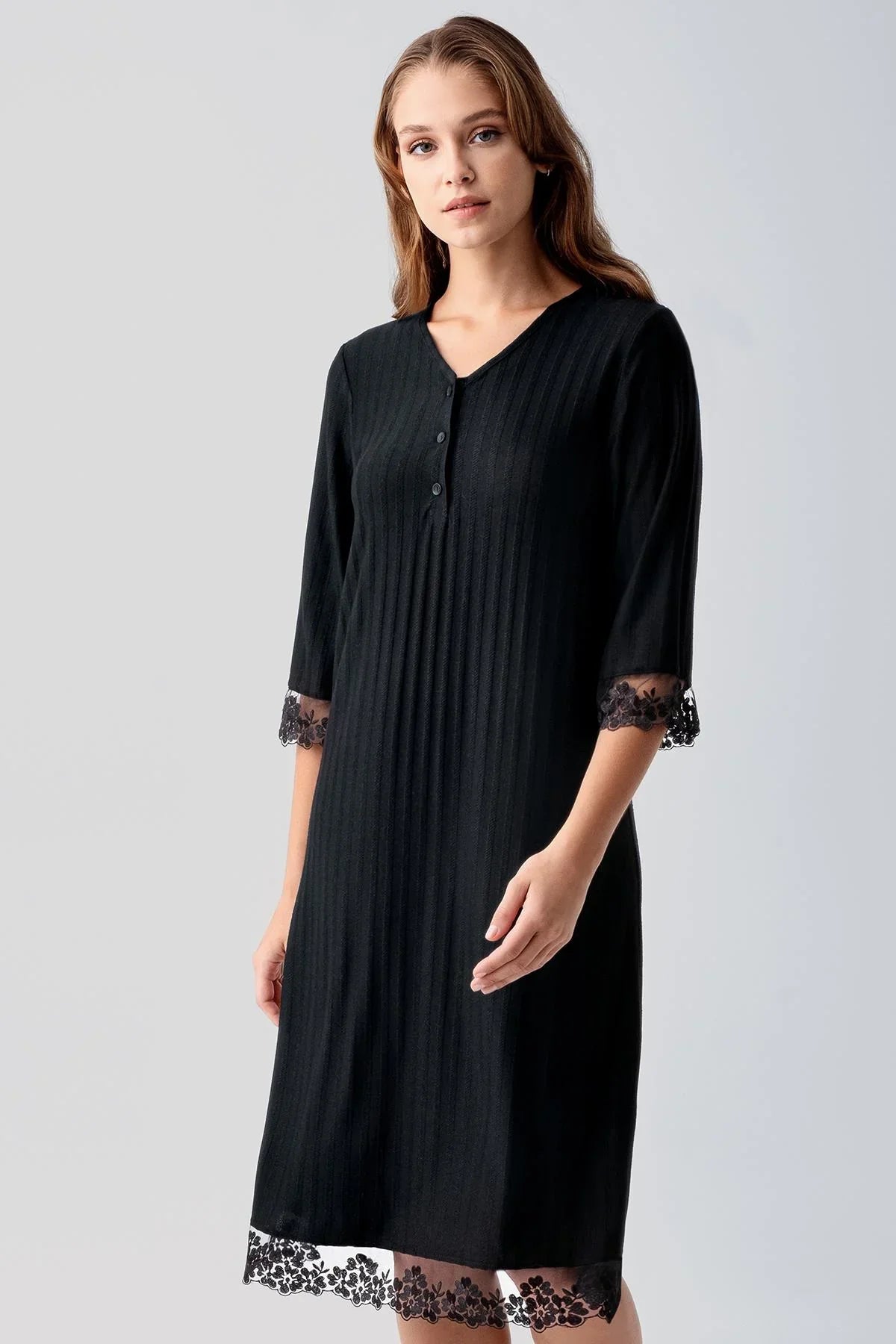 Truvakar Kollu Dantelli Düğmeli Esnek Viskoz Gecelik 19107 - Artış Collection