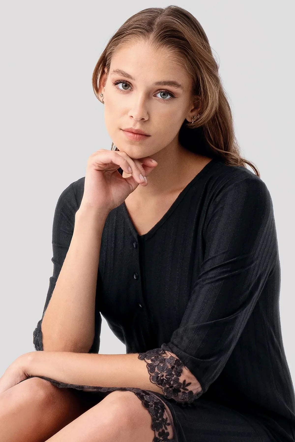 Truvakar Kollu Dantelli Düğmeli Esnek Viskoz Gecelik 19107 - Artış Collection