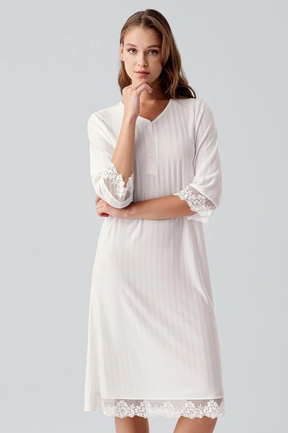 Truvakar Kollu Dantelli Düğmeli Esnek Viskoz Gecelik 19107 - Artış Collection