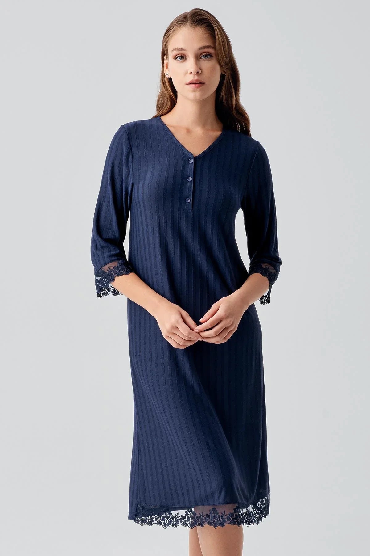 Truvakar Kollu Dantelli Düğmeli Esnek Viskoz Gecelik 19107 - Artış Collection