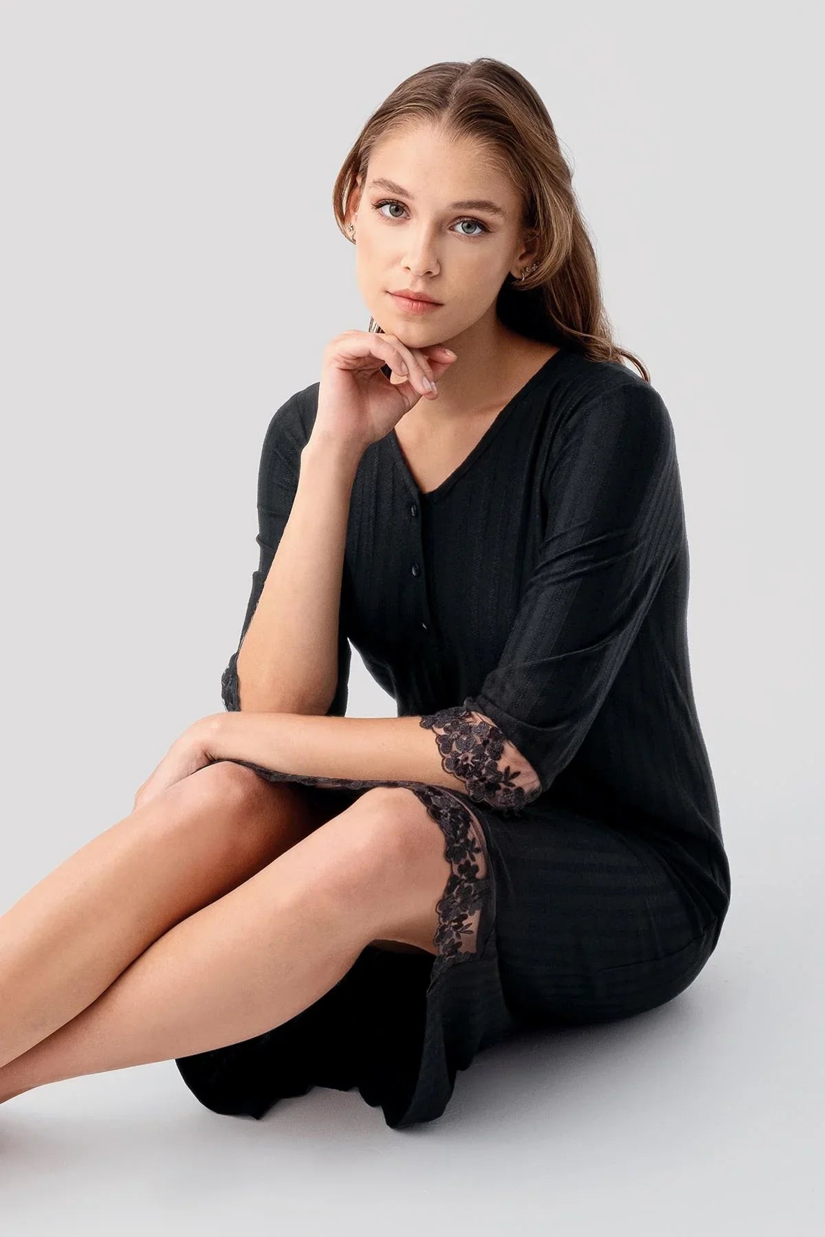 Truvakar Kollu Dantelli Düğmeli Esnek Viskoz Gecelik 19107 - Artış Collection