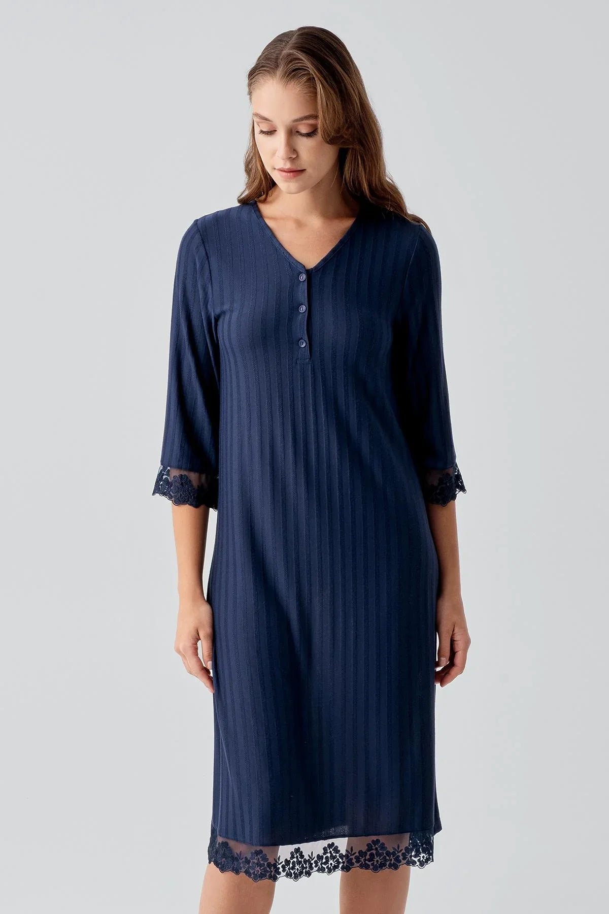 Truvakar Kollu Dantelli Düğmeli Esnek Viskoz Gecelik 19107 - Artış Collection