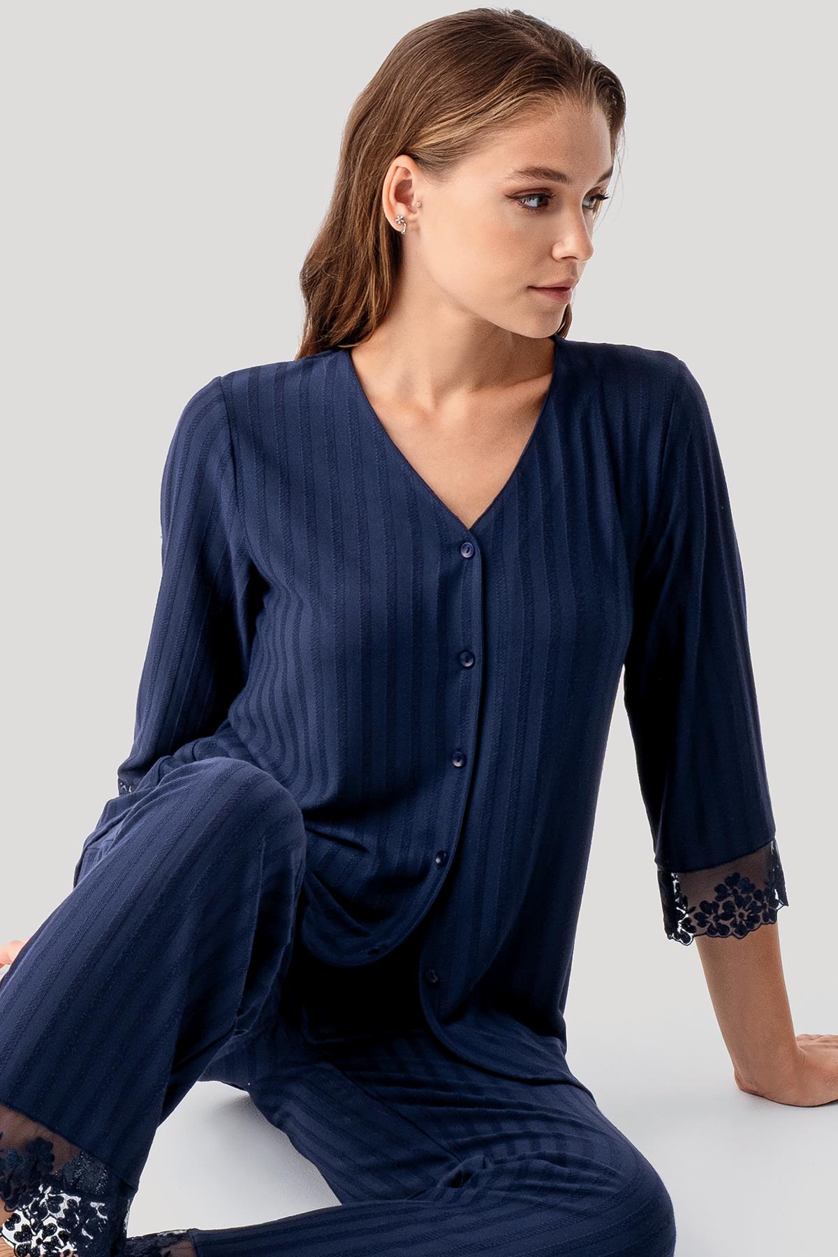 Truvakar Kollu Dantelli Düğmeli Esnek Viskoz Pijama Takım 19207