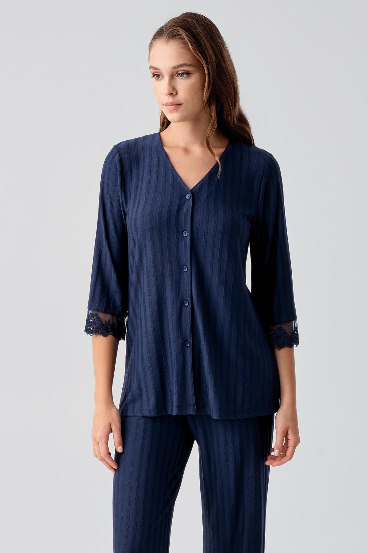 Truvakar Kollu Dantelli Düğmeli Esnek Viskoz Pijama Takım 19207