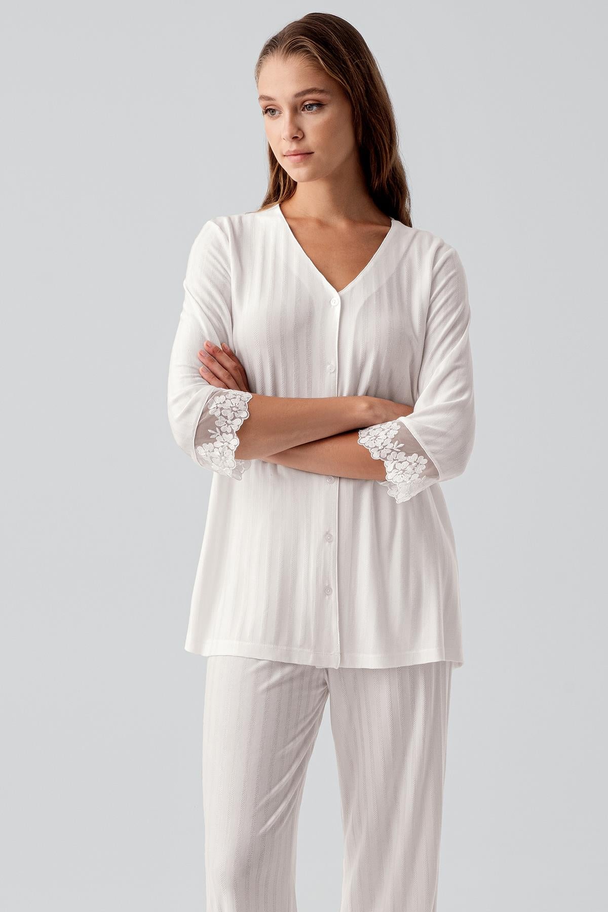 Truvakar Kollu Dantelli Düğmeli Esnek Viskoz Pijama Takım 19207