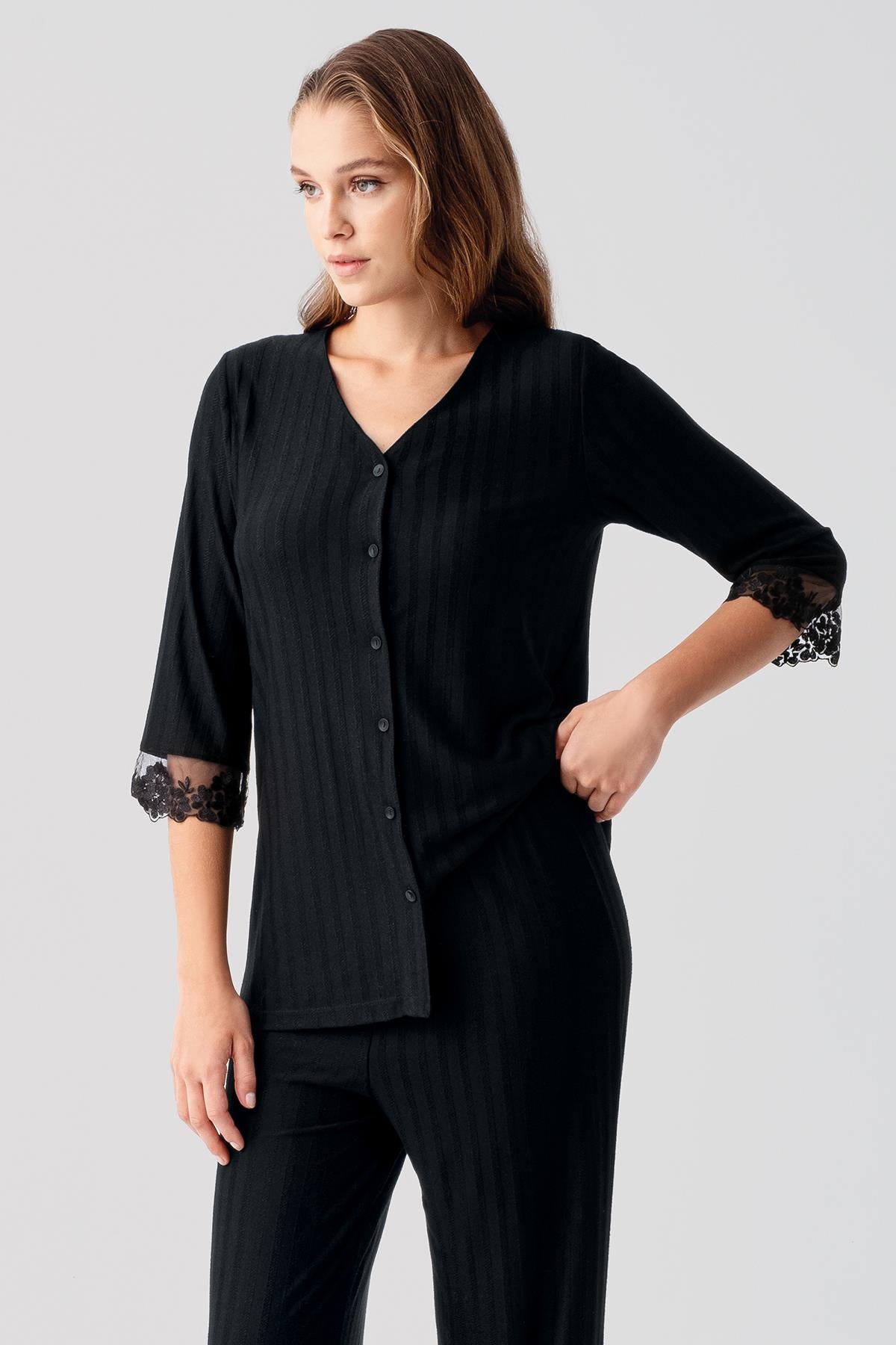 Truvakar Kollu Dantelli Düğmeli Esnek Viskoz Pijama Takım 19207