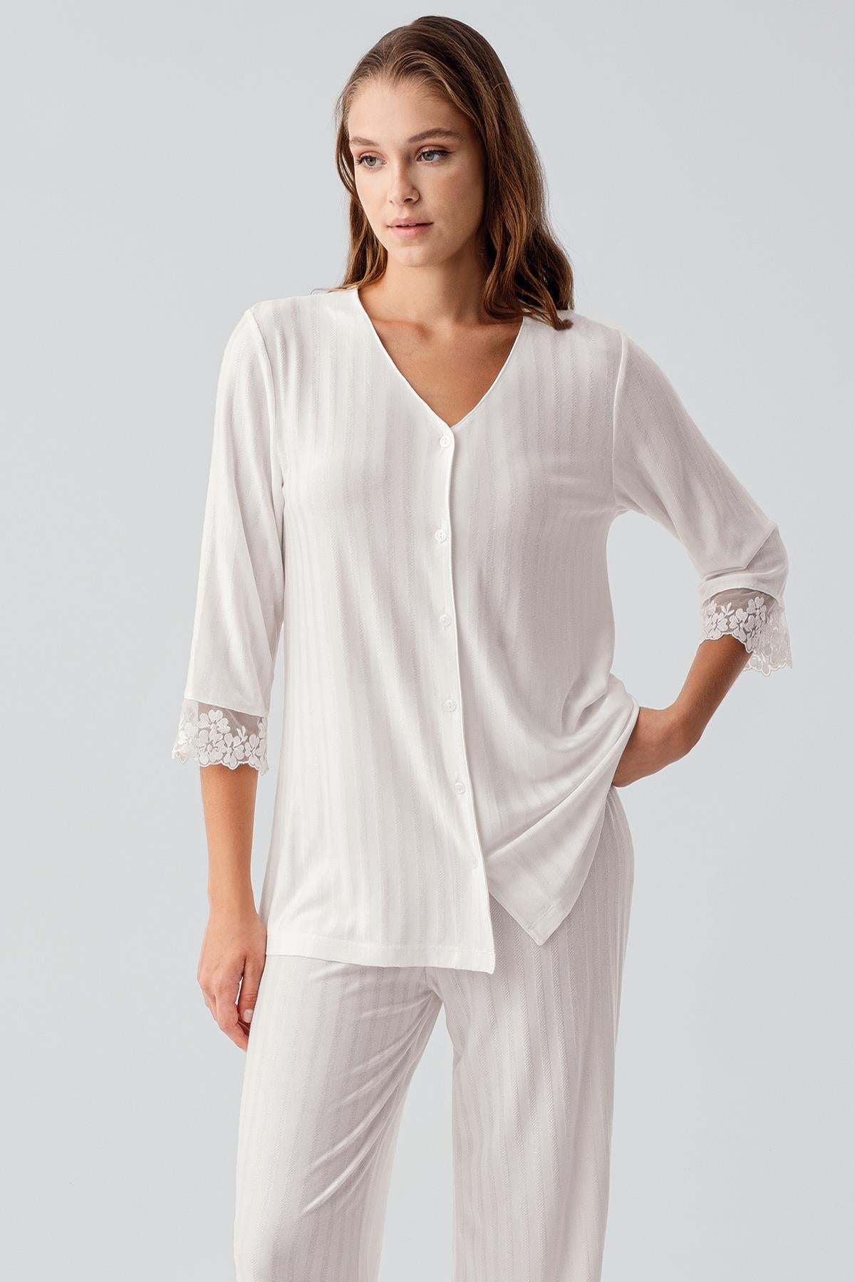 Truvakar Kollu Dantelli Düğmeli Esnek Viskoz Pijama Takım 19207