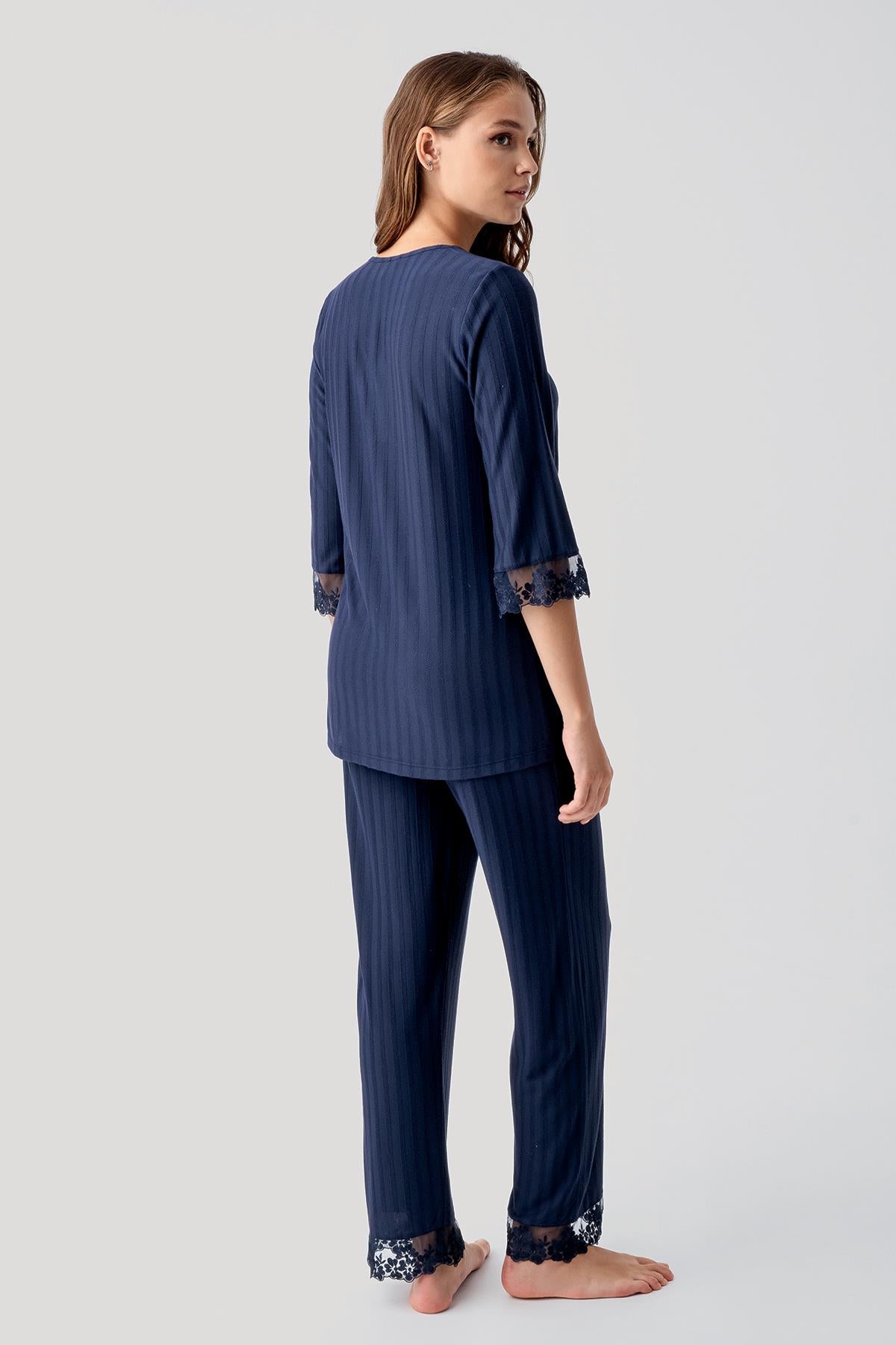 Truvakar Kollu Dantelli Düğmeli Esnek Viskoz Pijama Takım 19207