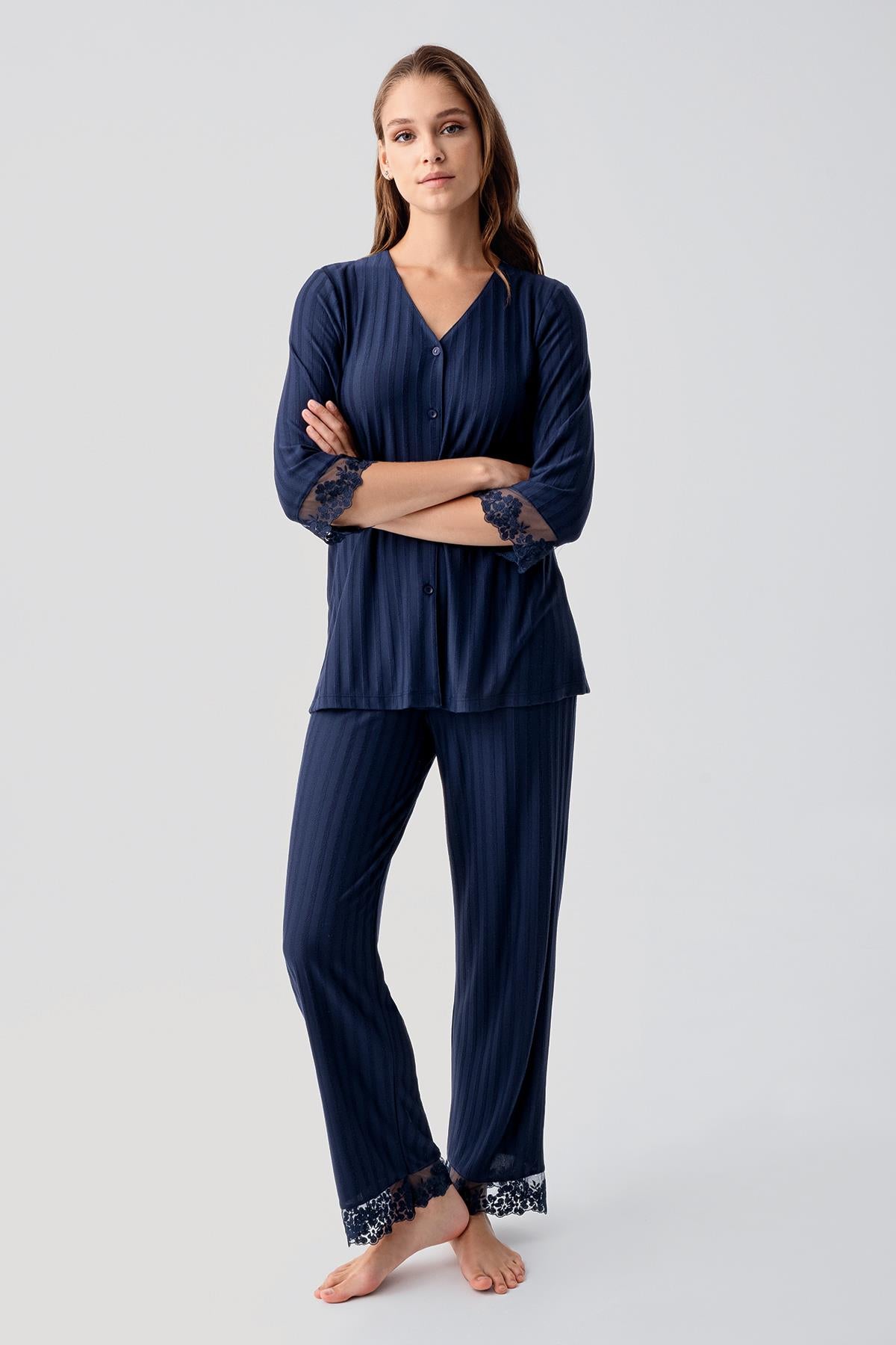 Truvakar Kollu Dantelli Düğmeli Esnek Viskoz Pijama Takım 19207