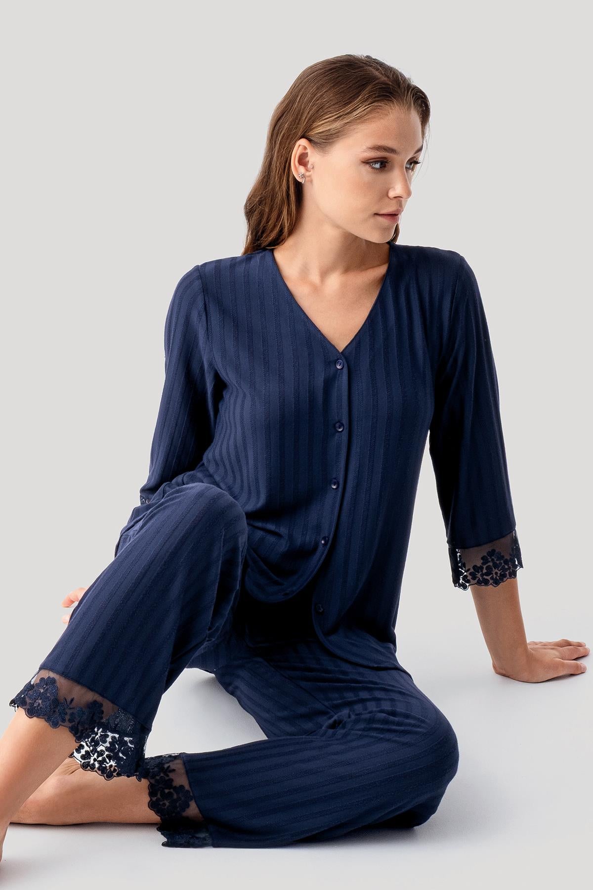 Truvakar Kollu Dantelli Düğmeli Esnek Viskoz Pijama Takım 19207