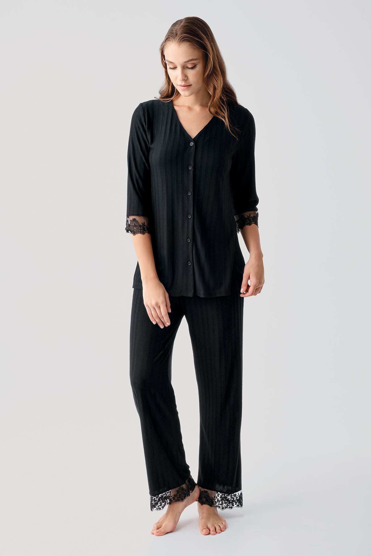 Truvakar Kollu Dantelli Düğmeli Esnek Viskoz Pijama Takım 19207