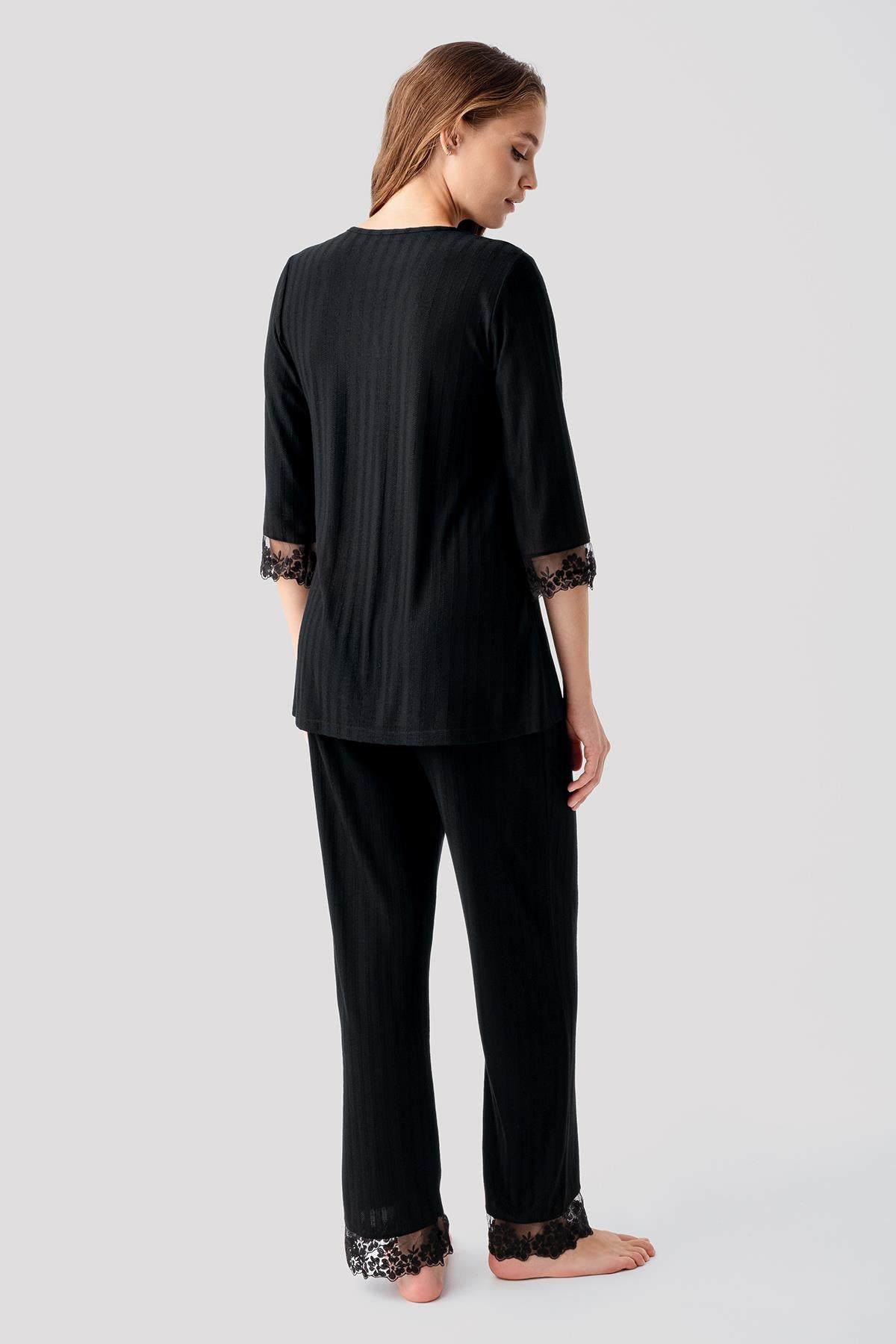Truvakar Kollu Dantelli Düğmeli Esnek Viskoz Pijama Takım 19207