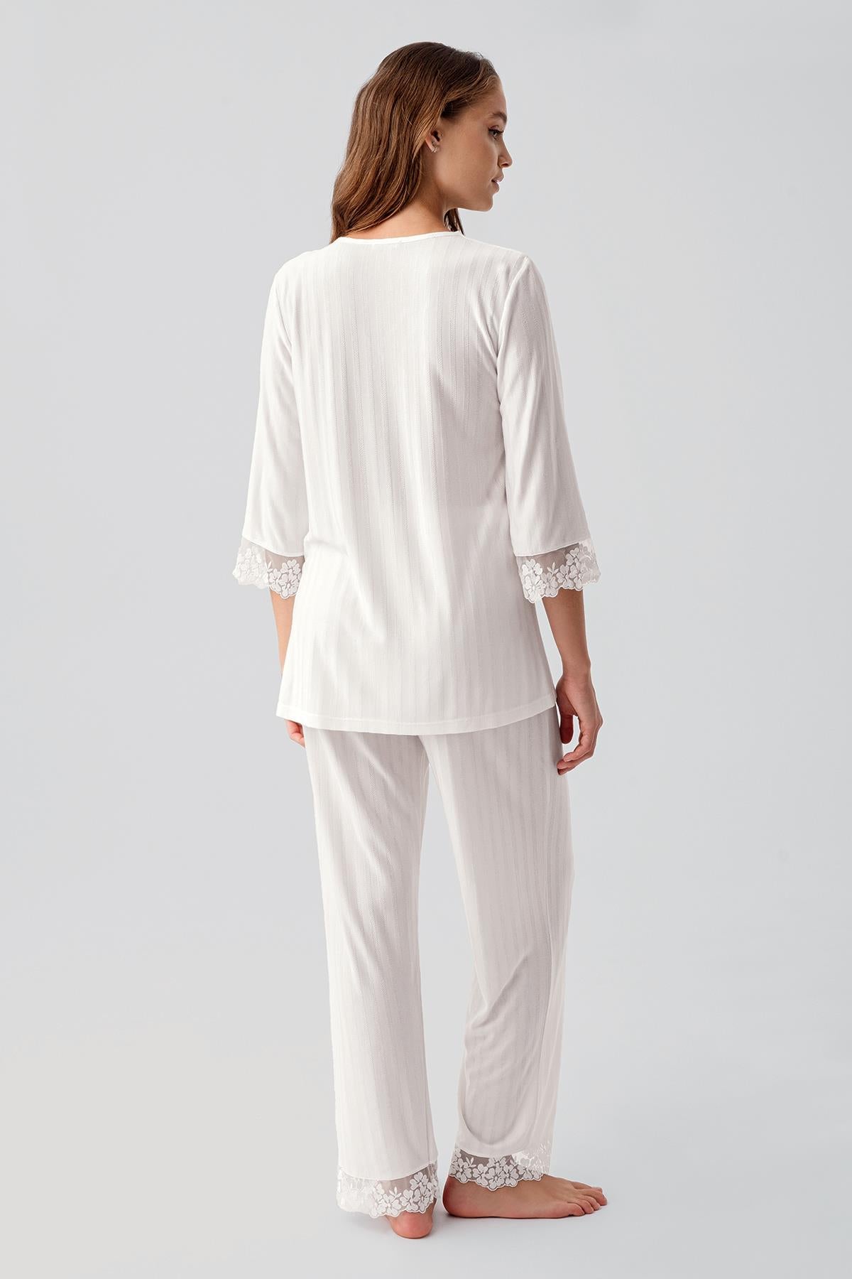Truvakar Kollu Dantelli Düğmeli Esnek Viskoz Pijama Takım 19207