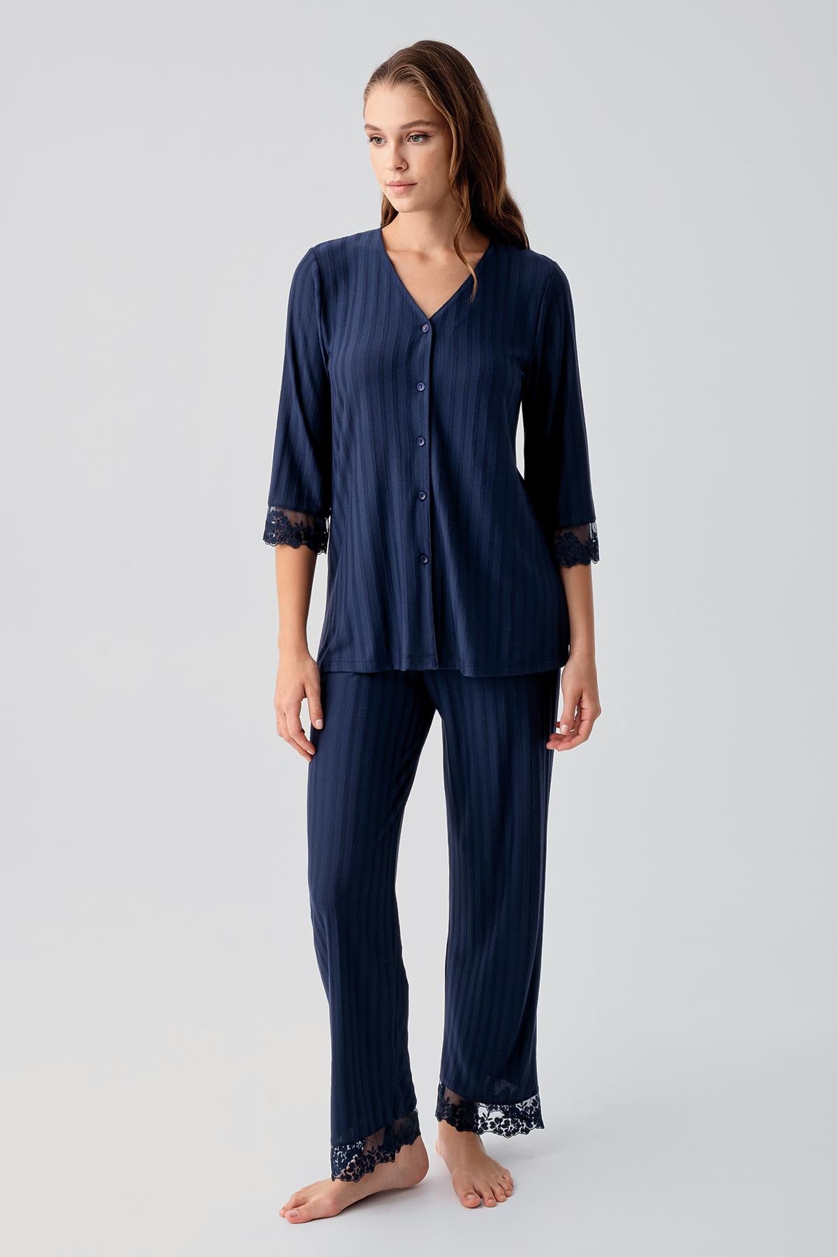 Truvakar Kollu Dantelli Düğmeli Esnek Viskoz Pijama Takım 19207