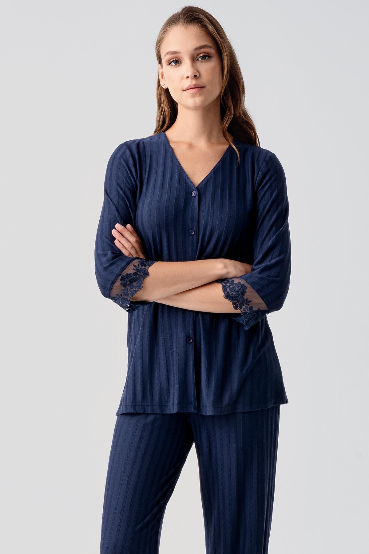 Truvakar Kollu Dantelli Düğmeli Esnek Viskoz Pijama Takım 19207