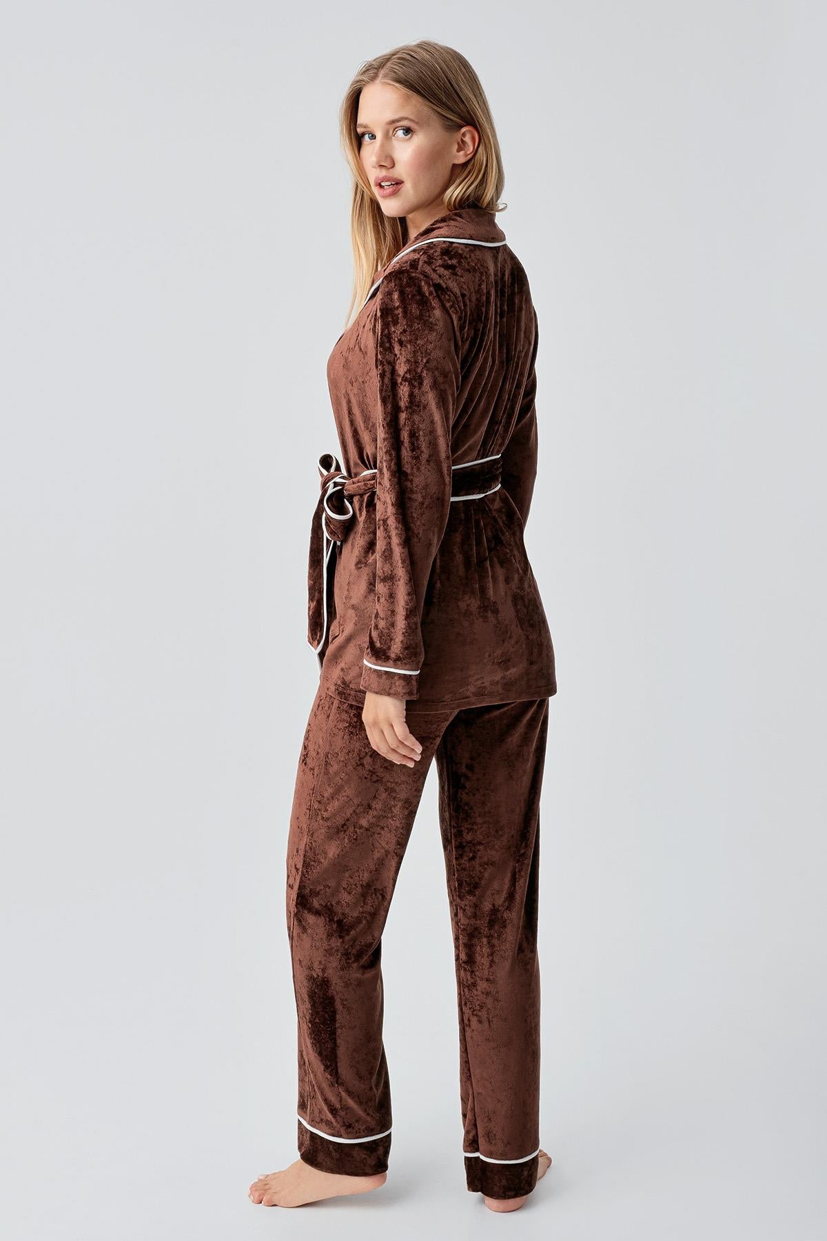 Uzun Kollu Kimono Kadife Esnek Viskoz Pijama Takım