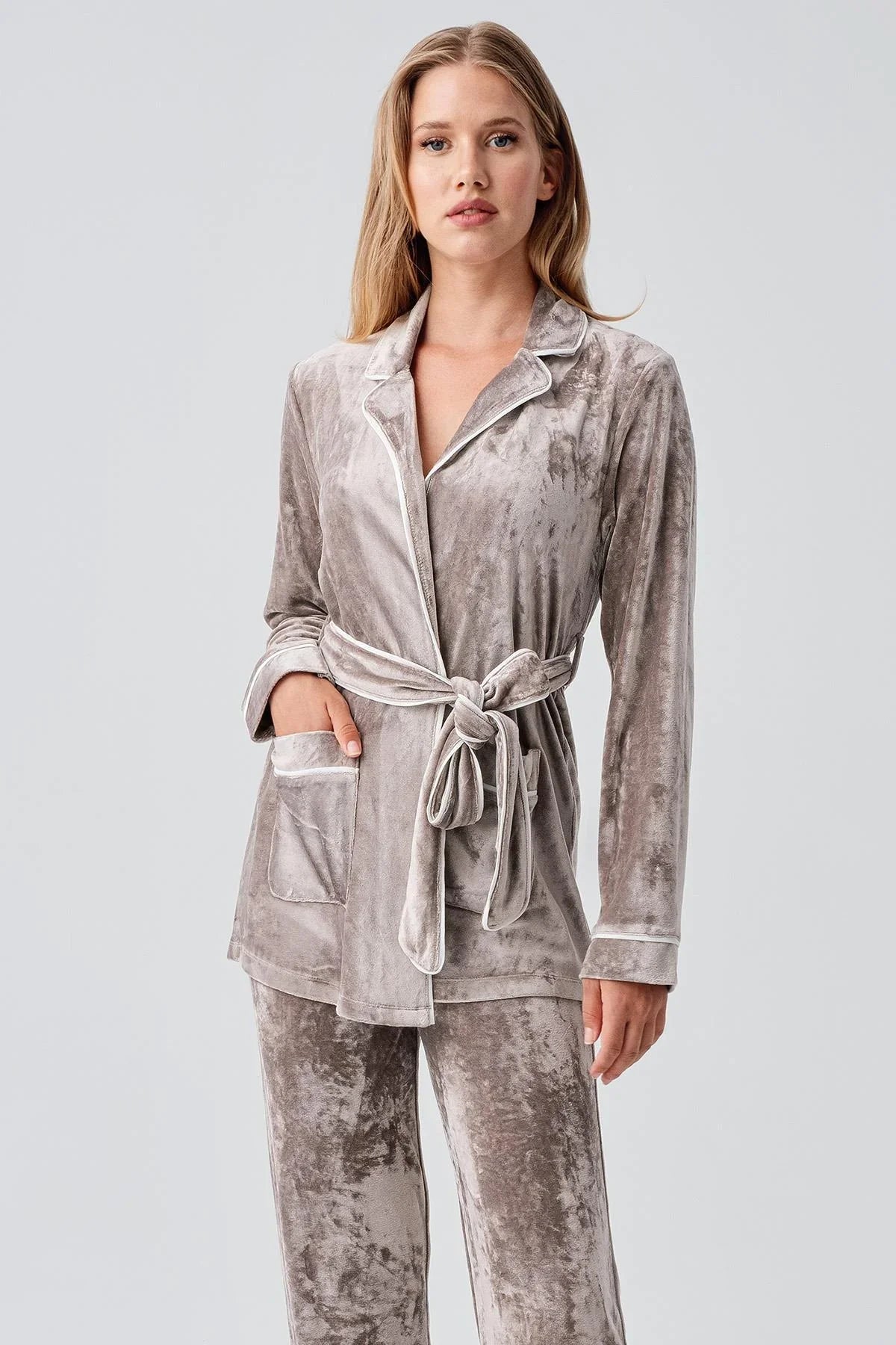 Uzun Kollu Kimono Kadife Esnek Viskoz Pijama Takım 18216