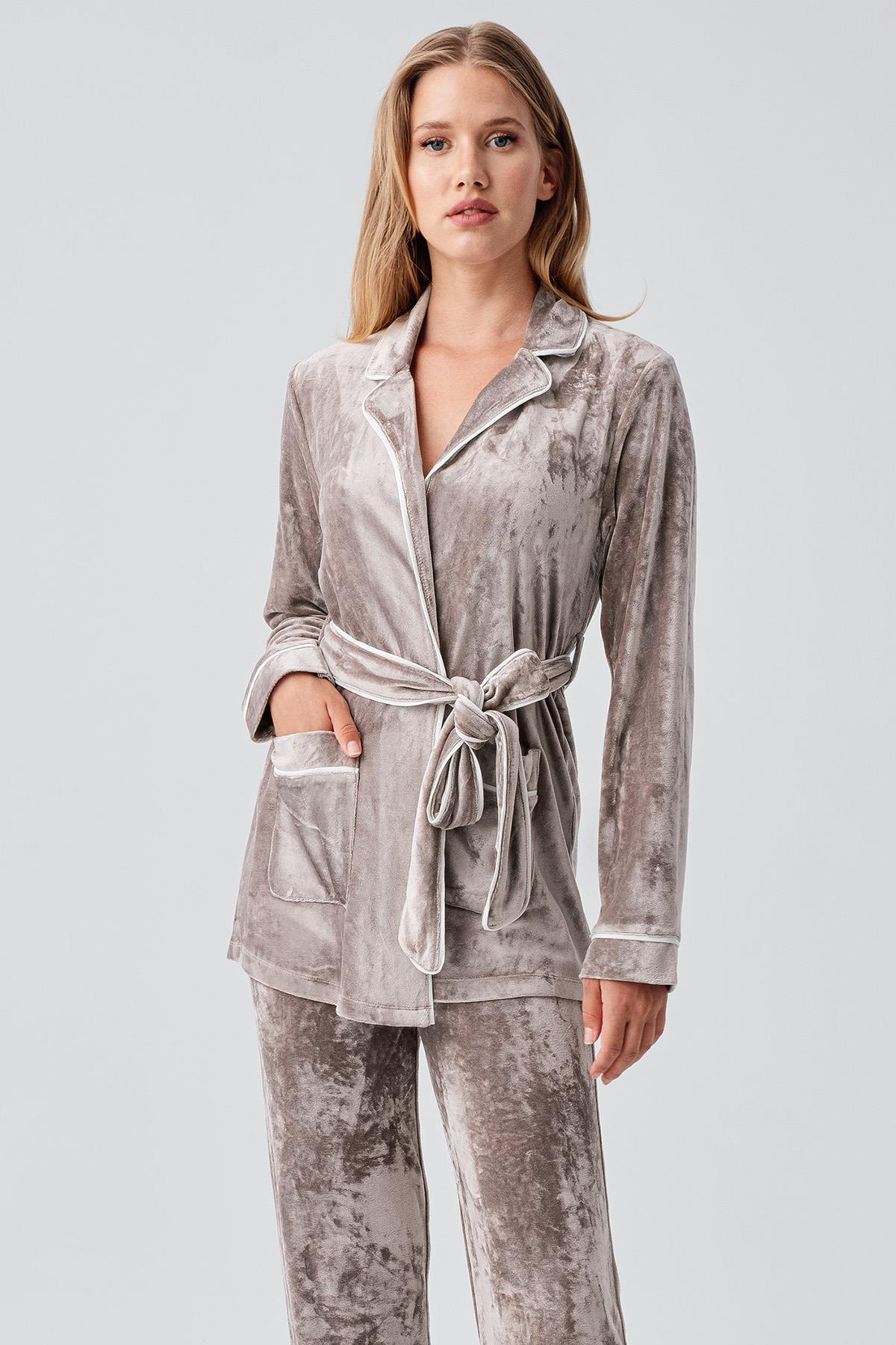 Uzun Kollu Kimono Kadife Esnek Viskoz Pijama Takım