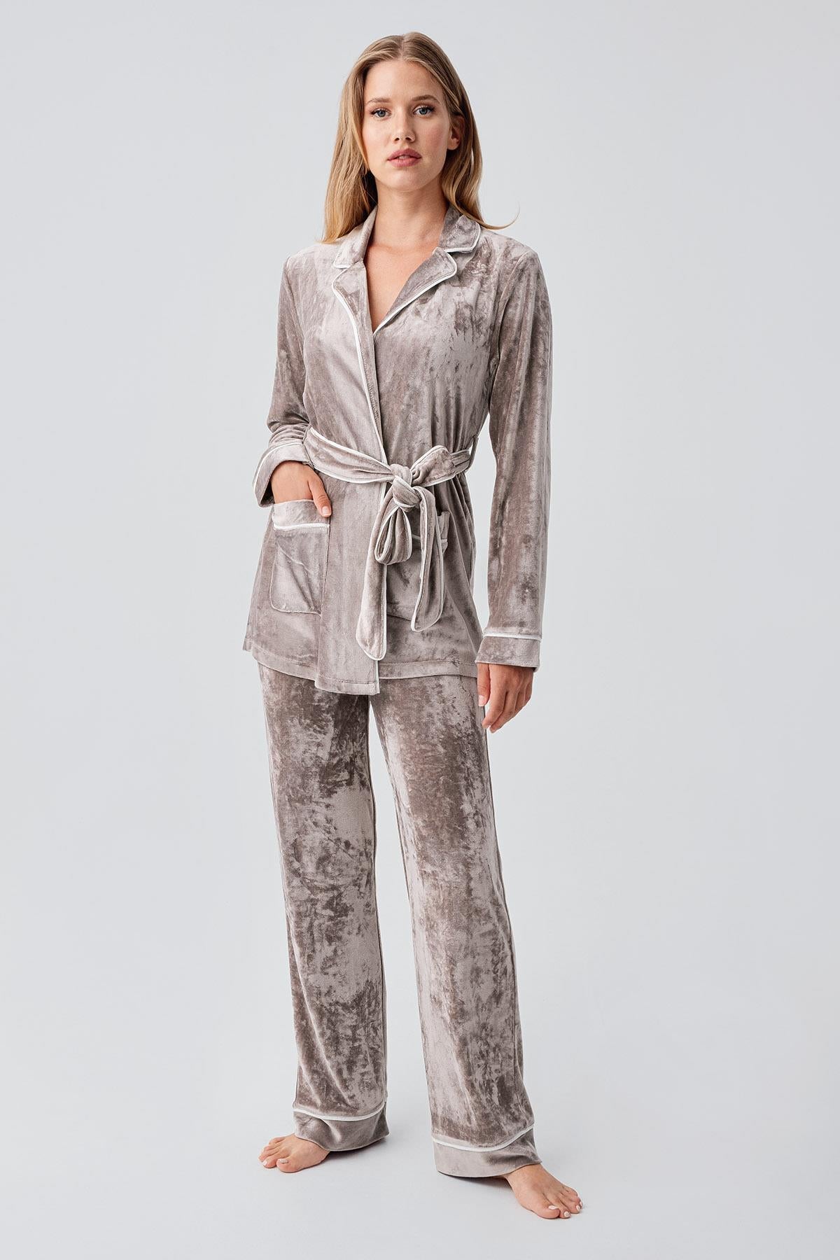 Uzun Kollu Kimono Kadife Esnek Viskoz Pijama Takım