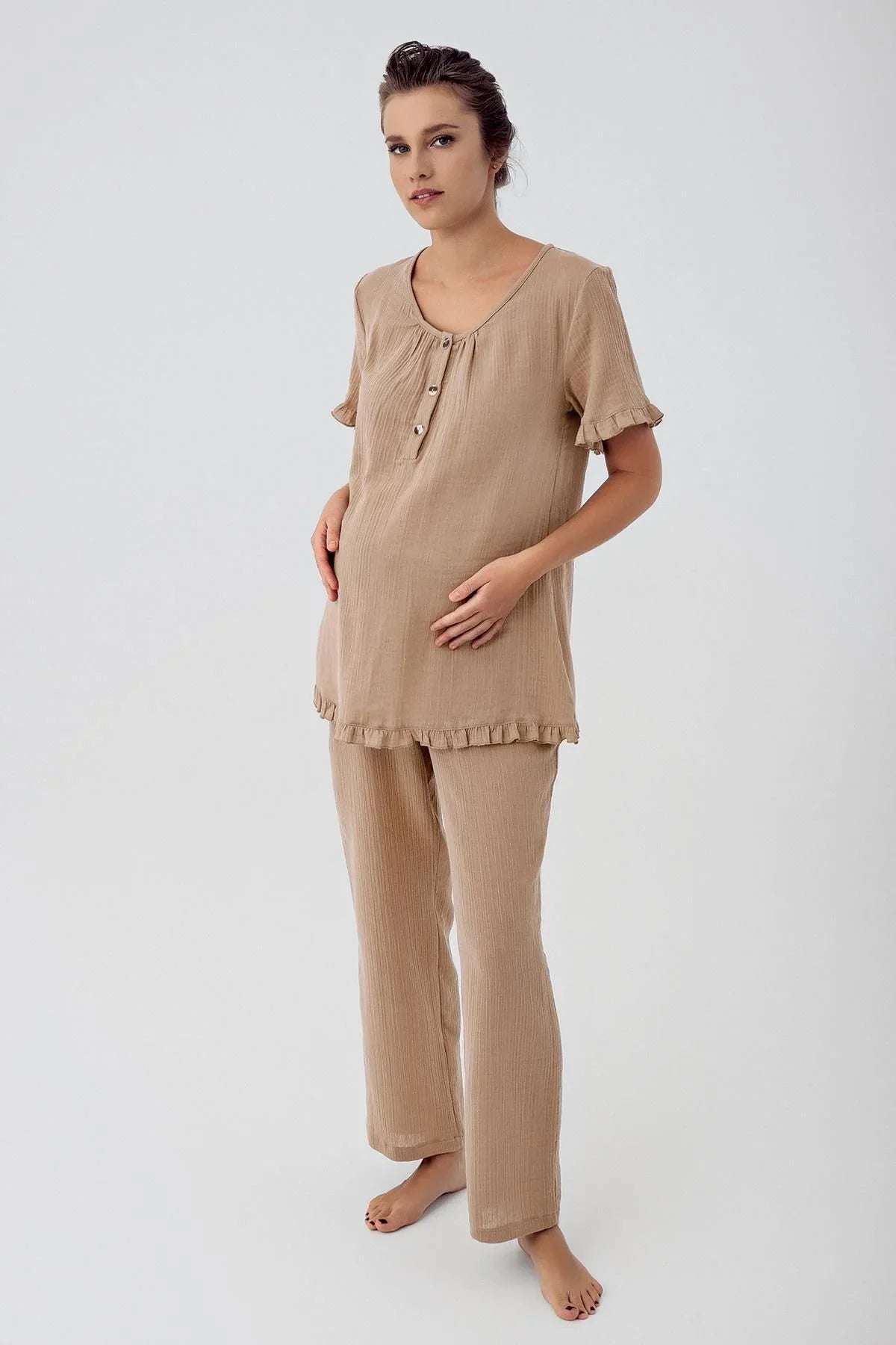 Women's Double Layer Muslin Cotton Adjustable High Waist Short Sleeve Buttoned Maternity Pajama Set M208