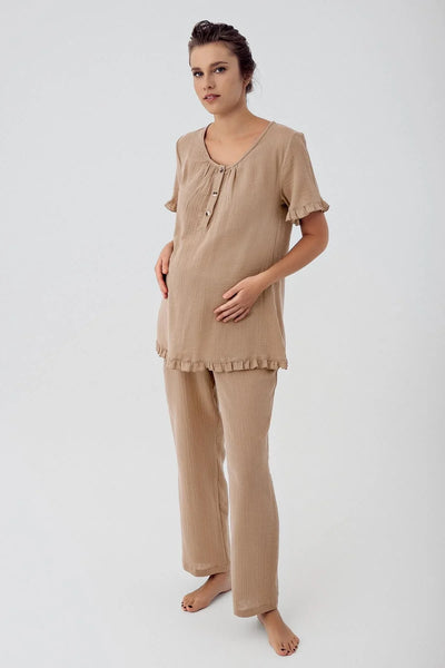 Women's Double Layer Muslin Cotton Adjustable High Waist Short Sleeve Buttoned Maternity Pajama Set M208