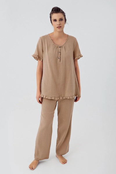 Women's Double Layer Muslin Cotton Adjustable High Waist Short Sleeve Buttoned Maternity Pajama Set M208