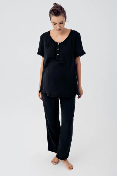 Women's Double Layer Muslin Cotton Adjustable High Waist Short Sleeve Buttoned Maternity Pajama Set M208