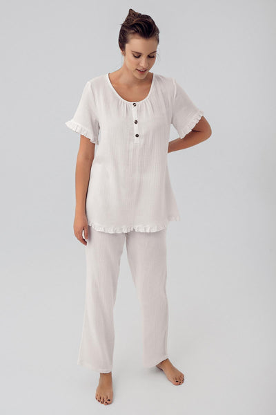 Kadın Çift Katlı Müslin Pamuklu Ayarlanabilir Yüksek Bel Kısa Kol Düğmeli Hamile Pijama Takım M208 - Artış Collection