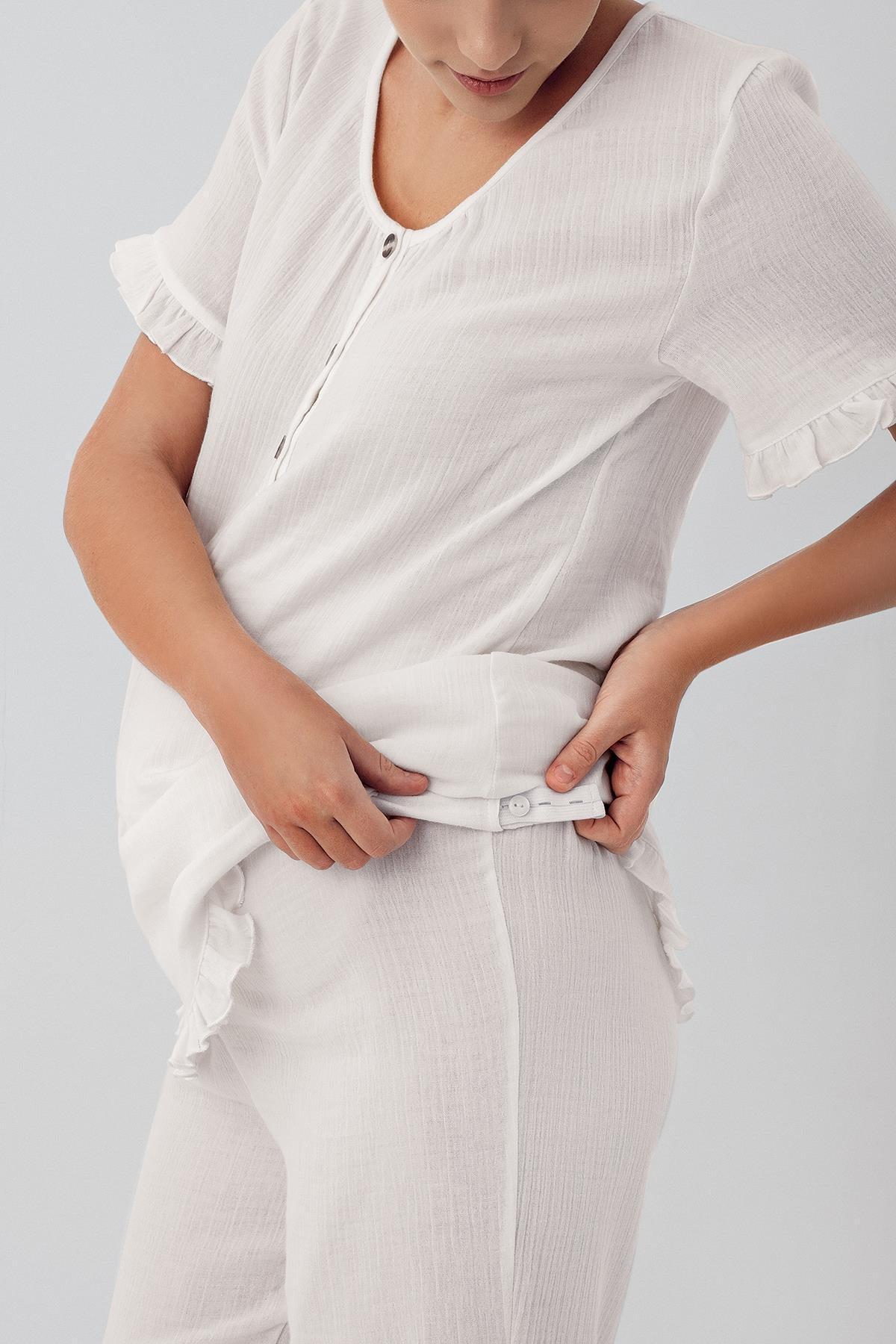 Kadın Çift Katlı Müslin Pamuklu Ayarlanabilir Yüksek Bel Kısa Kol Düğmeli Hamile Pijama Takım M208 - Artış Collection