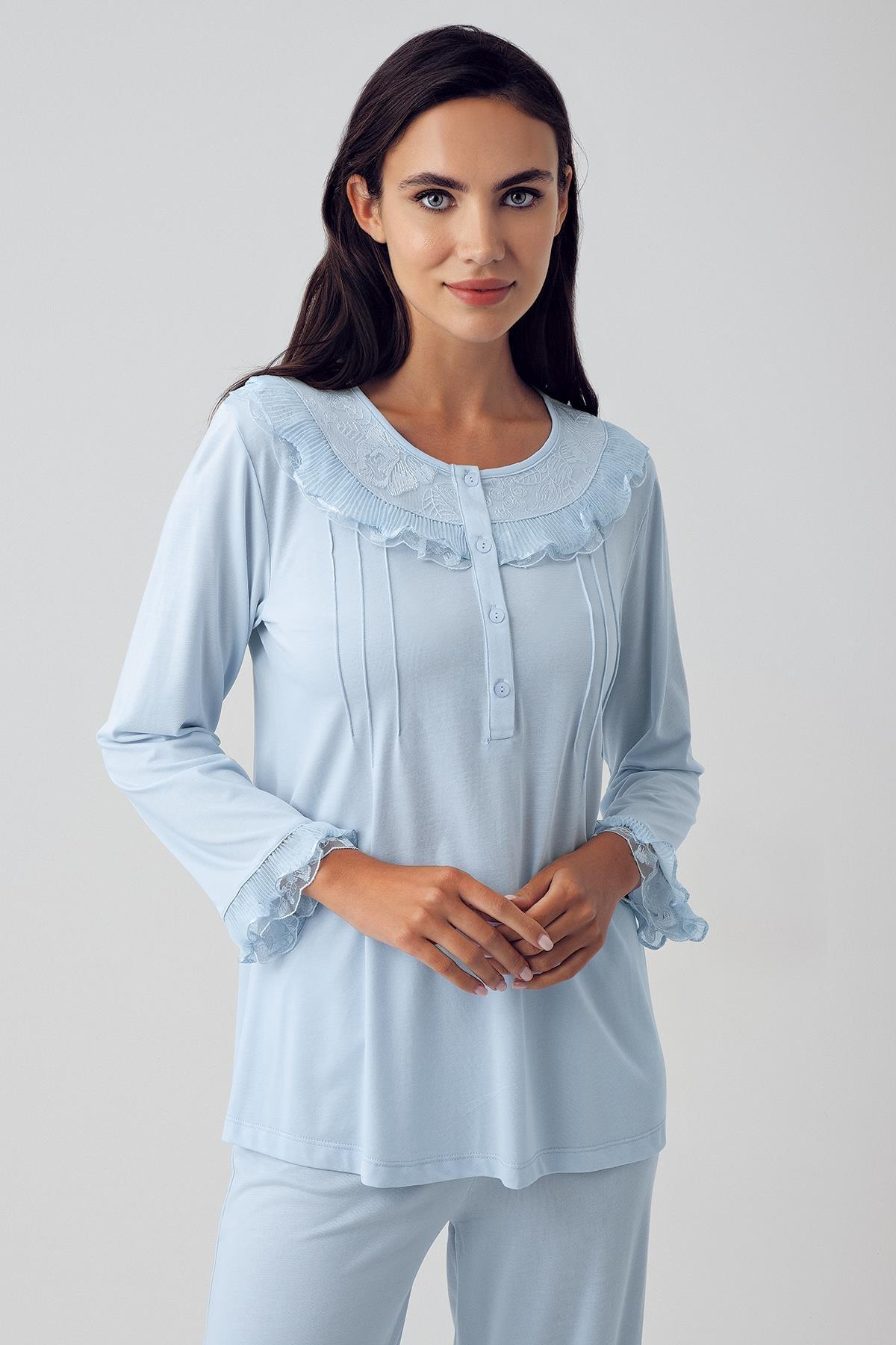 Kadın Dantelli Düğmeli Esnek Viskon Pijama Takımı 15210 - Artış Collection