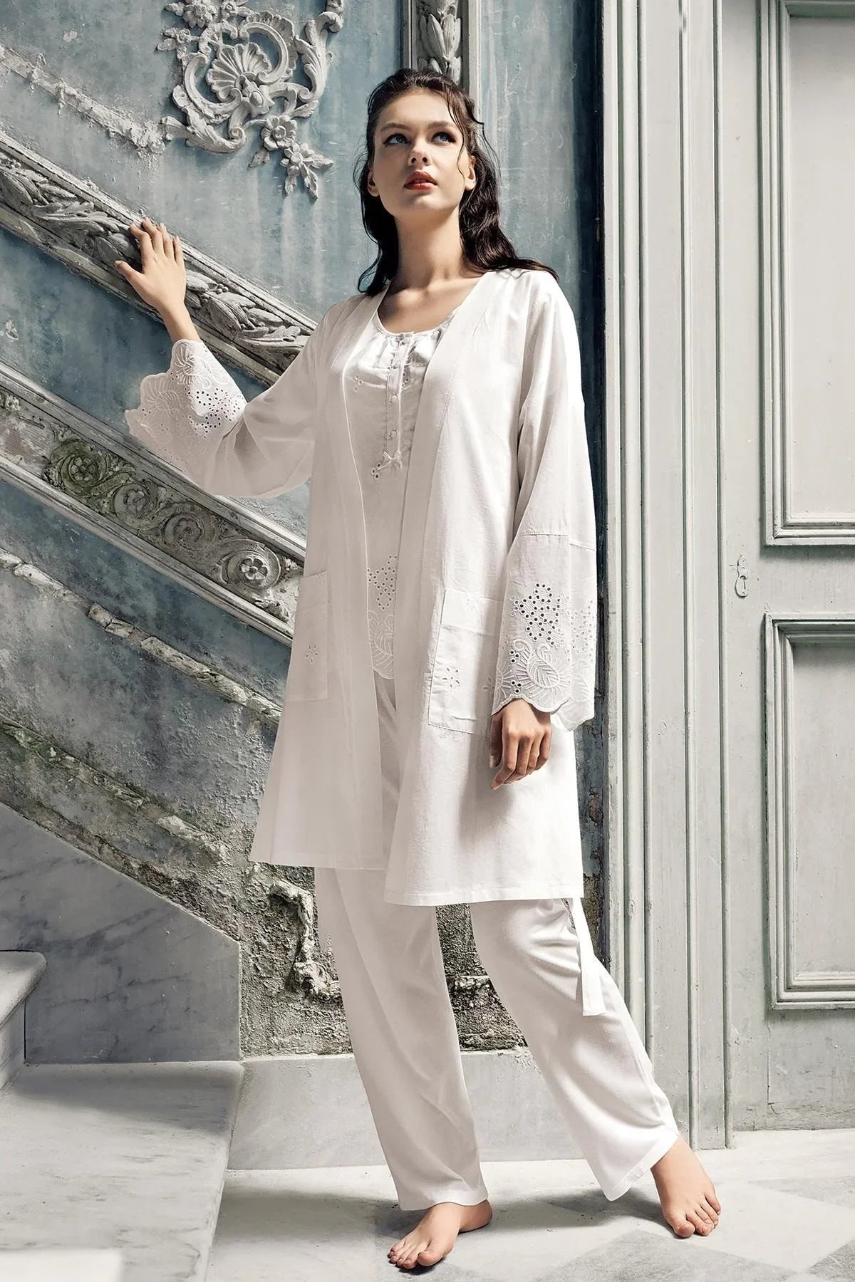 Kadın Düğmeli Kısa Kollu Pamuklu Pijama Takımı 12311