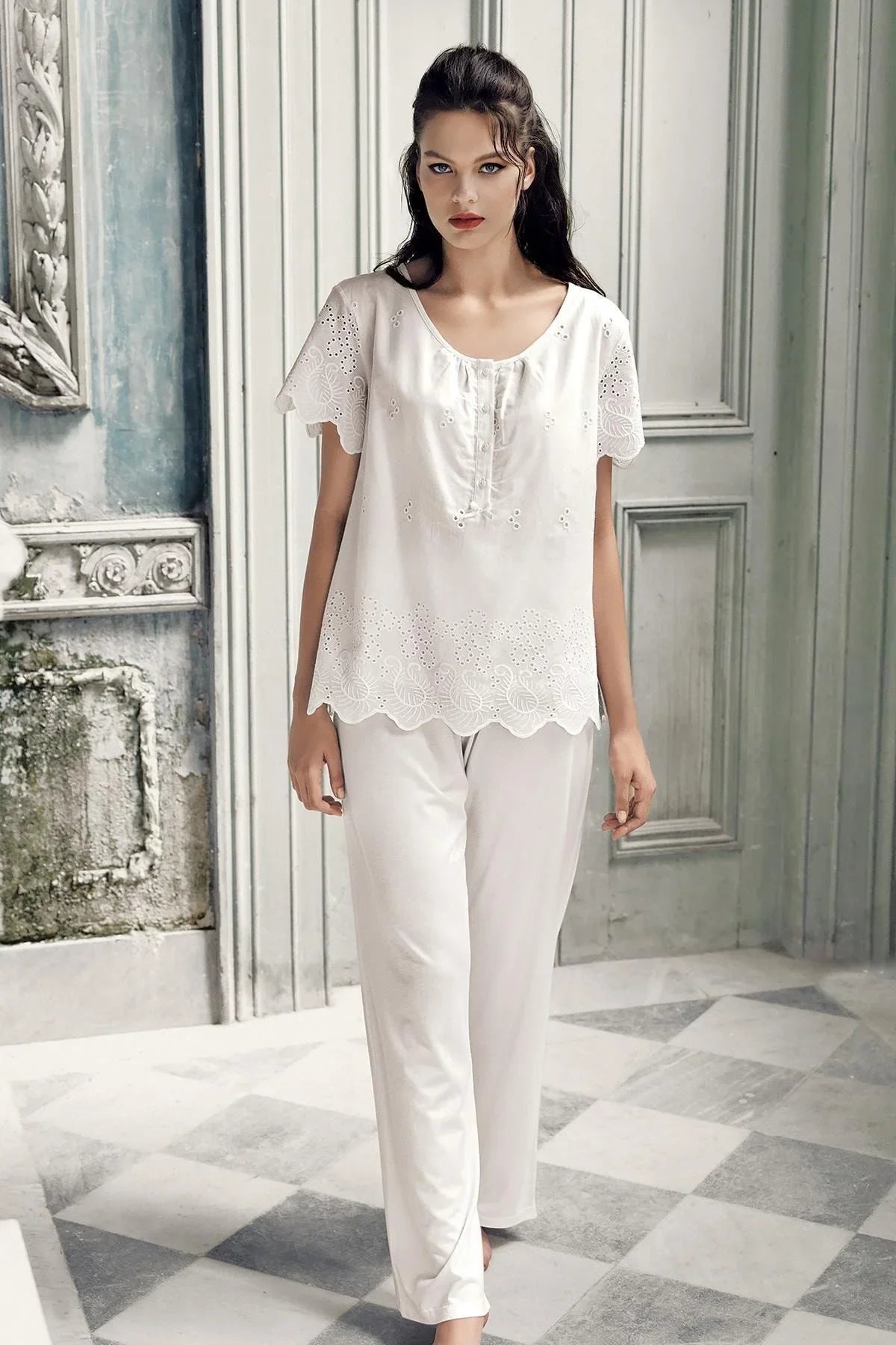 Kadın Düğmeli Kısa Kollu Pamuklu Pijama Takımı 12311