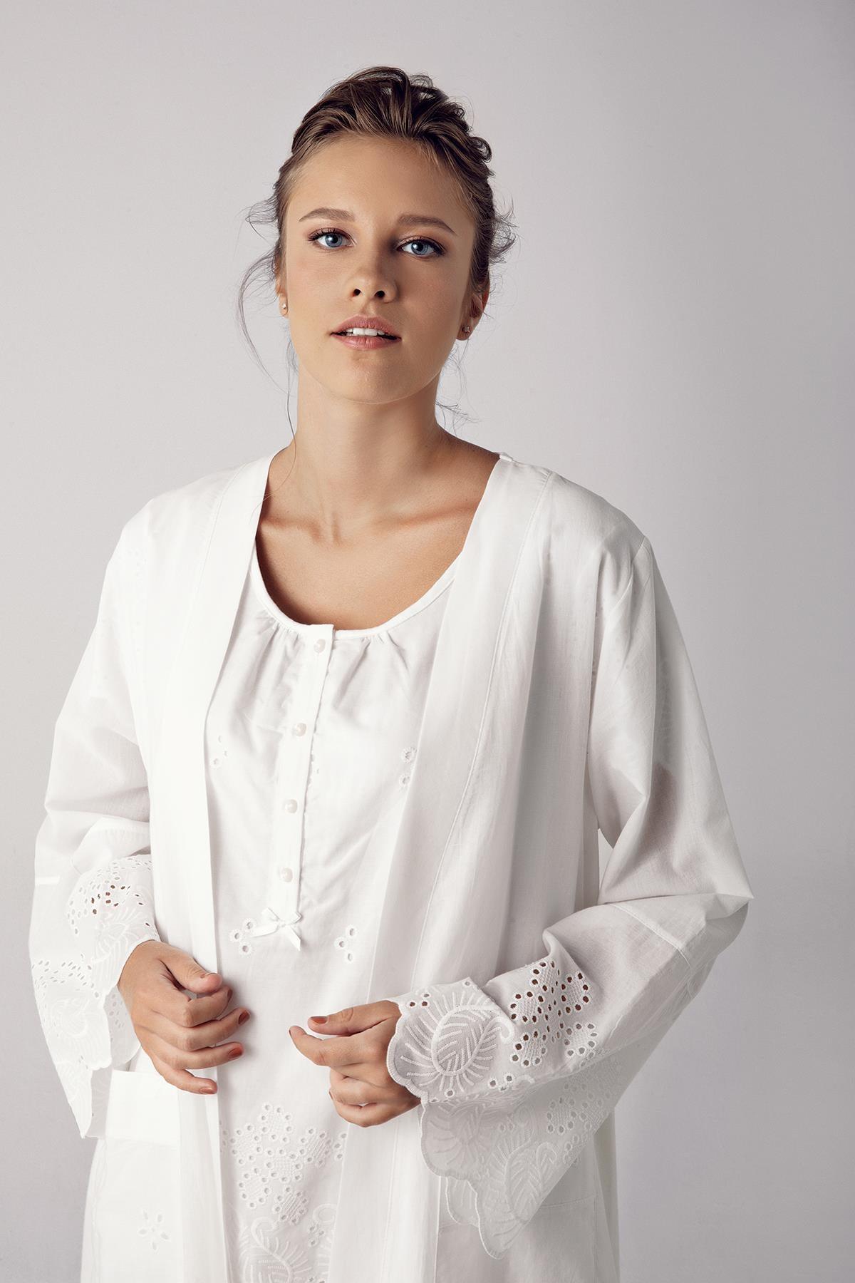 Kadın EKRU Düğmeli Kısa Kollu Pamuklu Pijama Takımı 12311 - Artış Collection