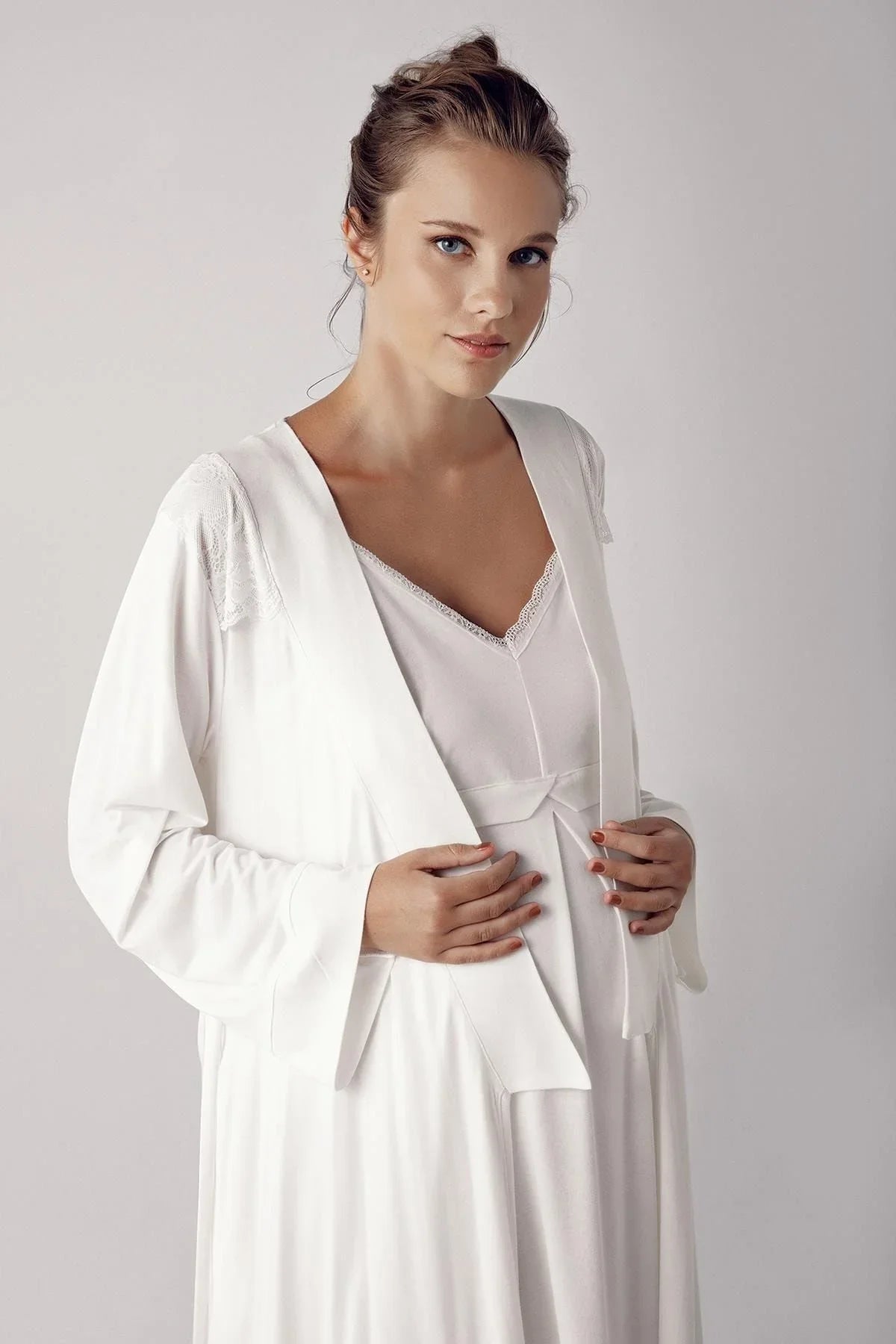 Kadın Esnek Viskoz Hamile Sabahlık Gecelik Takım 13406